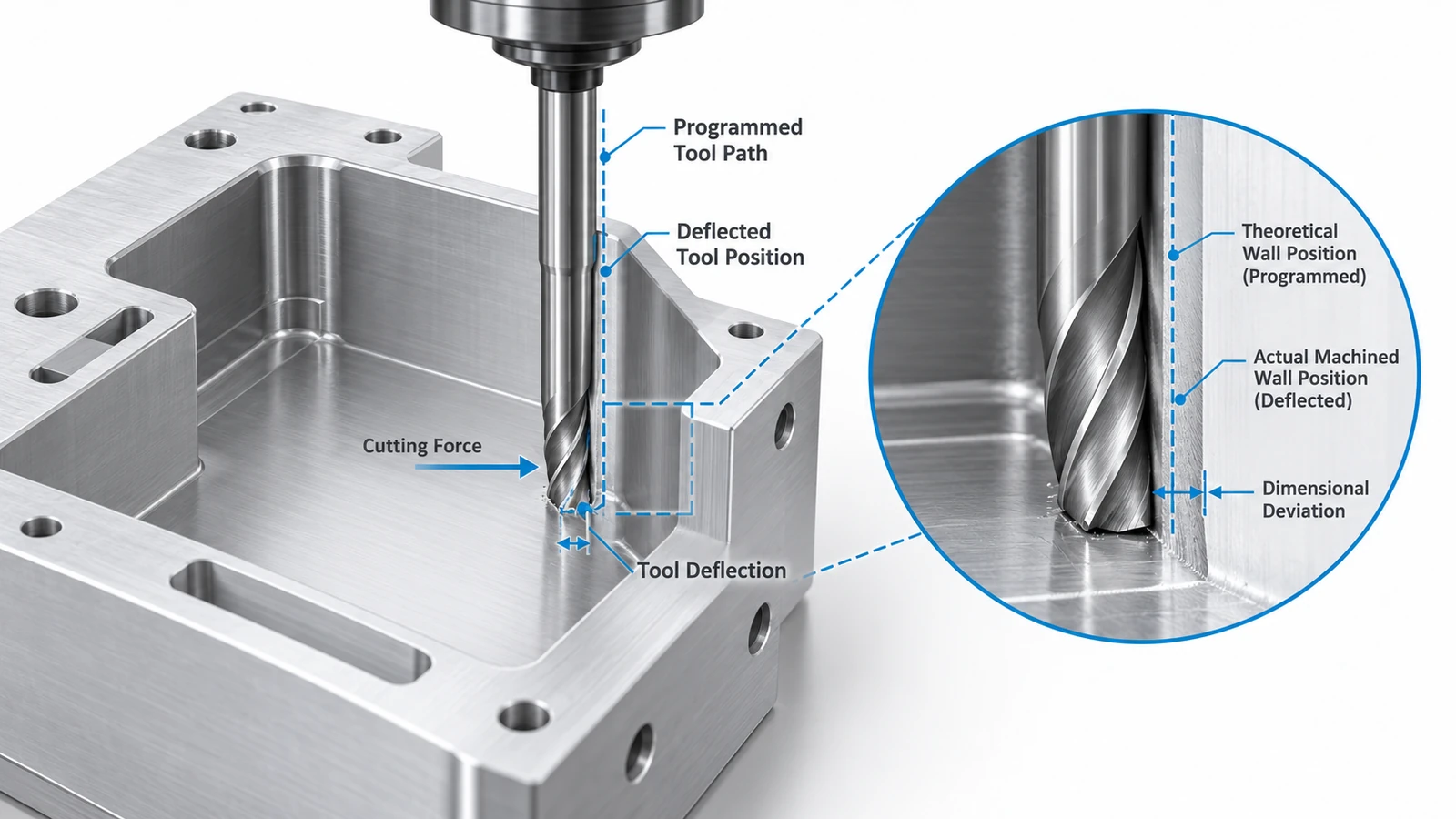 CNC tool deflection showing a long end mill bending while machining a deep aluminum pocket