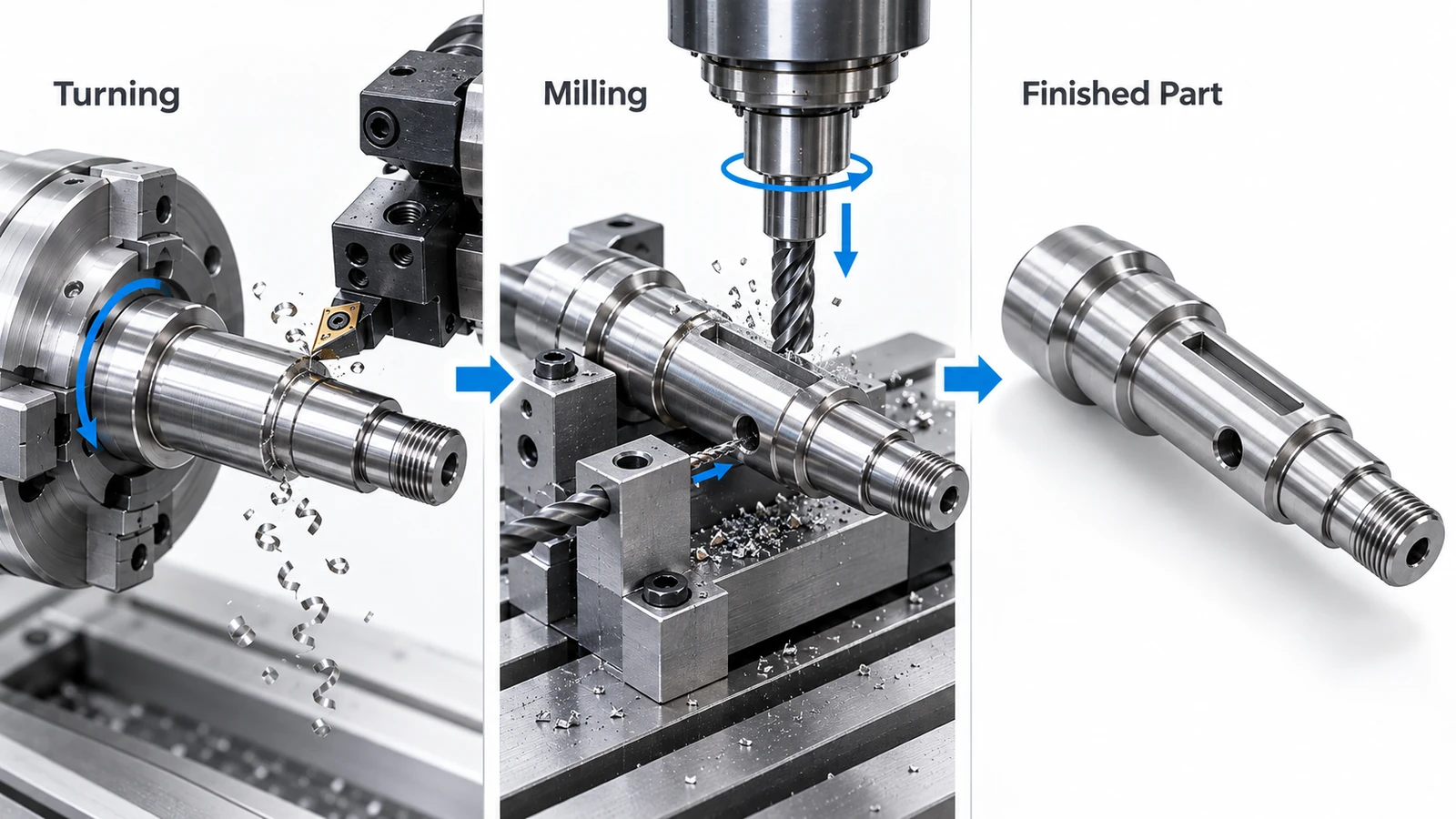 Combined turning and milling of a steel shaft showing a milled keyway and a cross-drilled hole