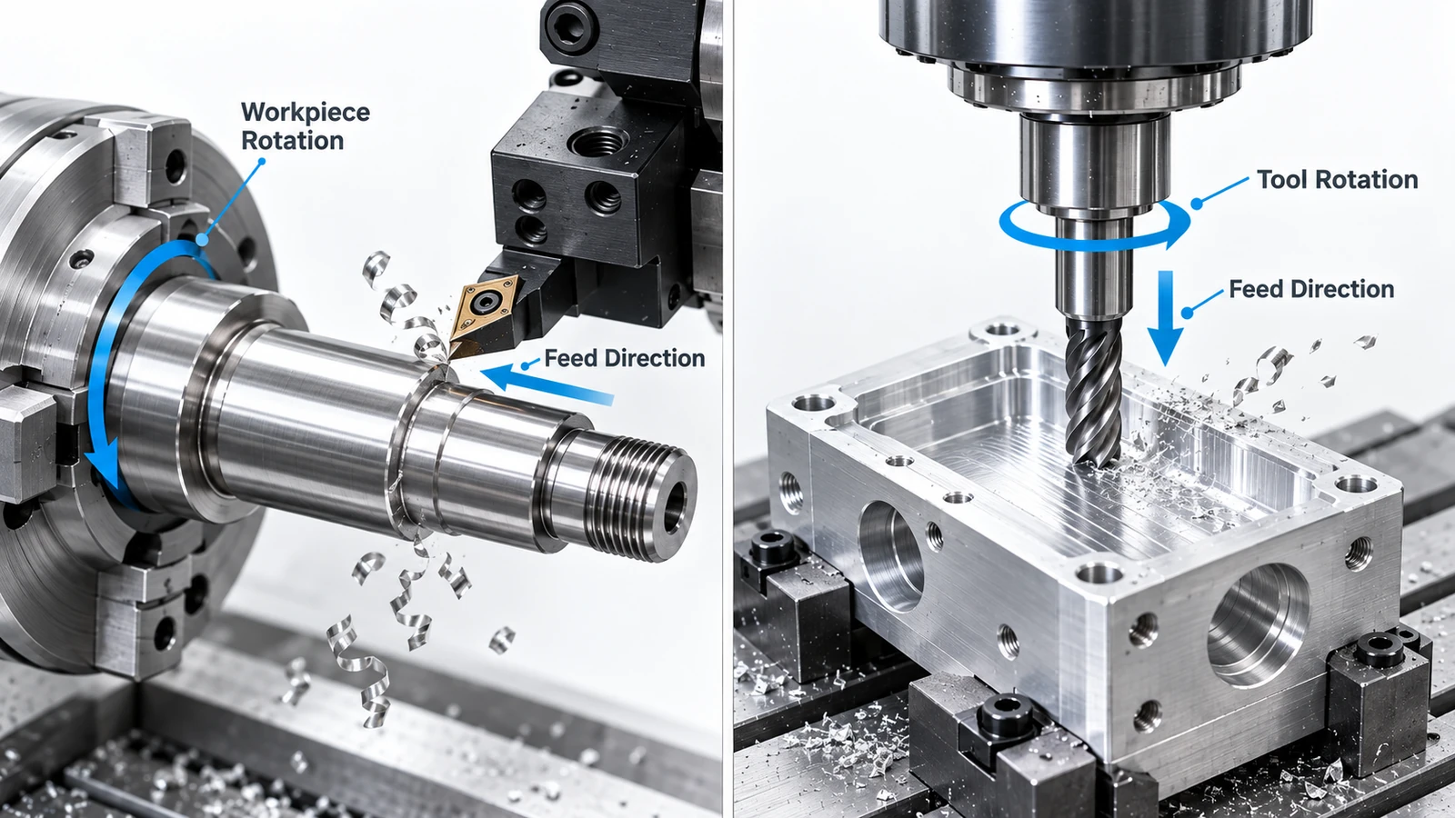 CNC turning versus milling working principle showing a rotating workpiece on a lathe and a rotating cutting tool on a mill
