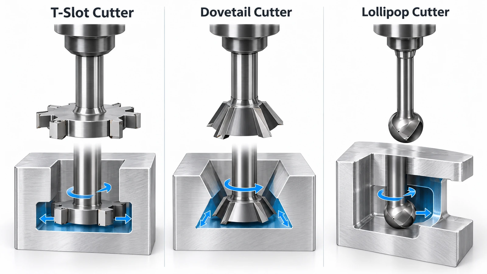 Comparison of T-slot dovetail and lollipop cutters used to machine different CNC undercut profiles