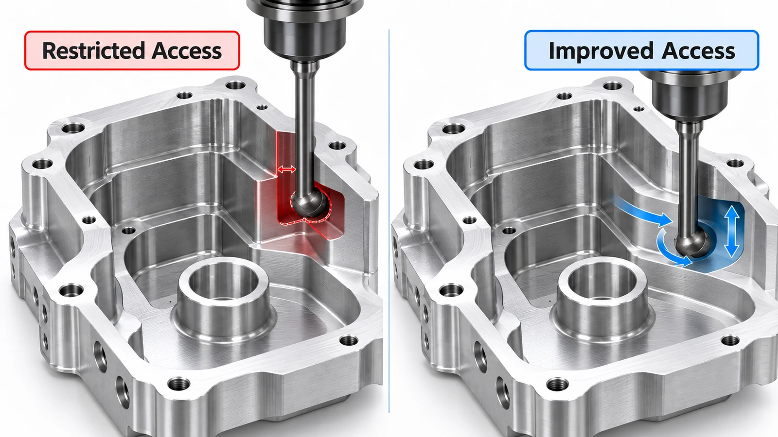 CNC undercut DFM comparison showing improved cutter accessibility after redesigning an internal aluminum housing groove
