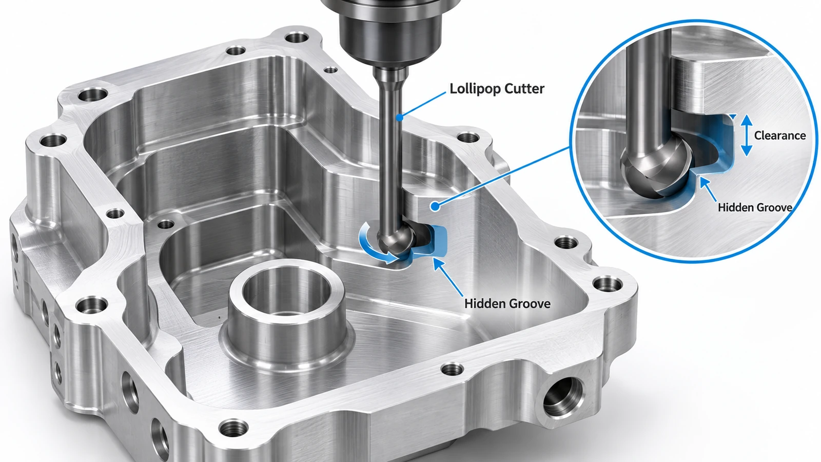 CNC undercut machining using a lollipop cutter to machine a hidden groove inside an aluminum housing