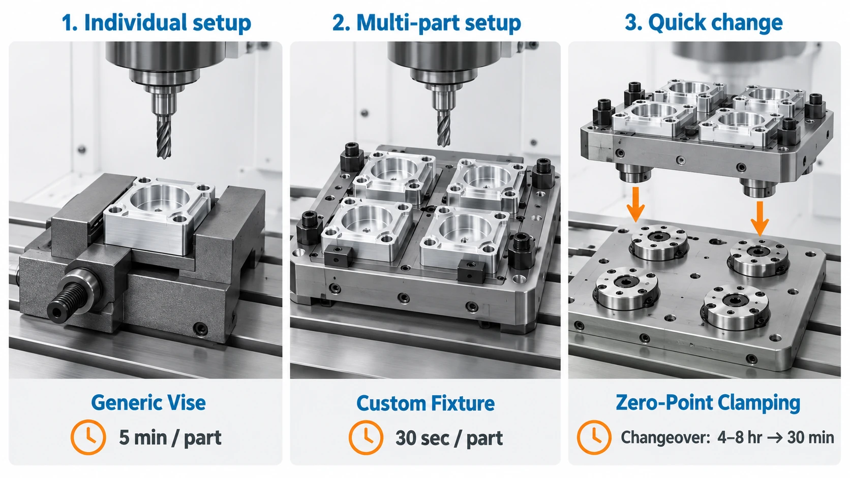 Comparison of a standard CNC vise, a multi-part custom fixture, and a zero-point clamping system for faster setup and changeovers.