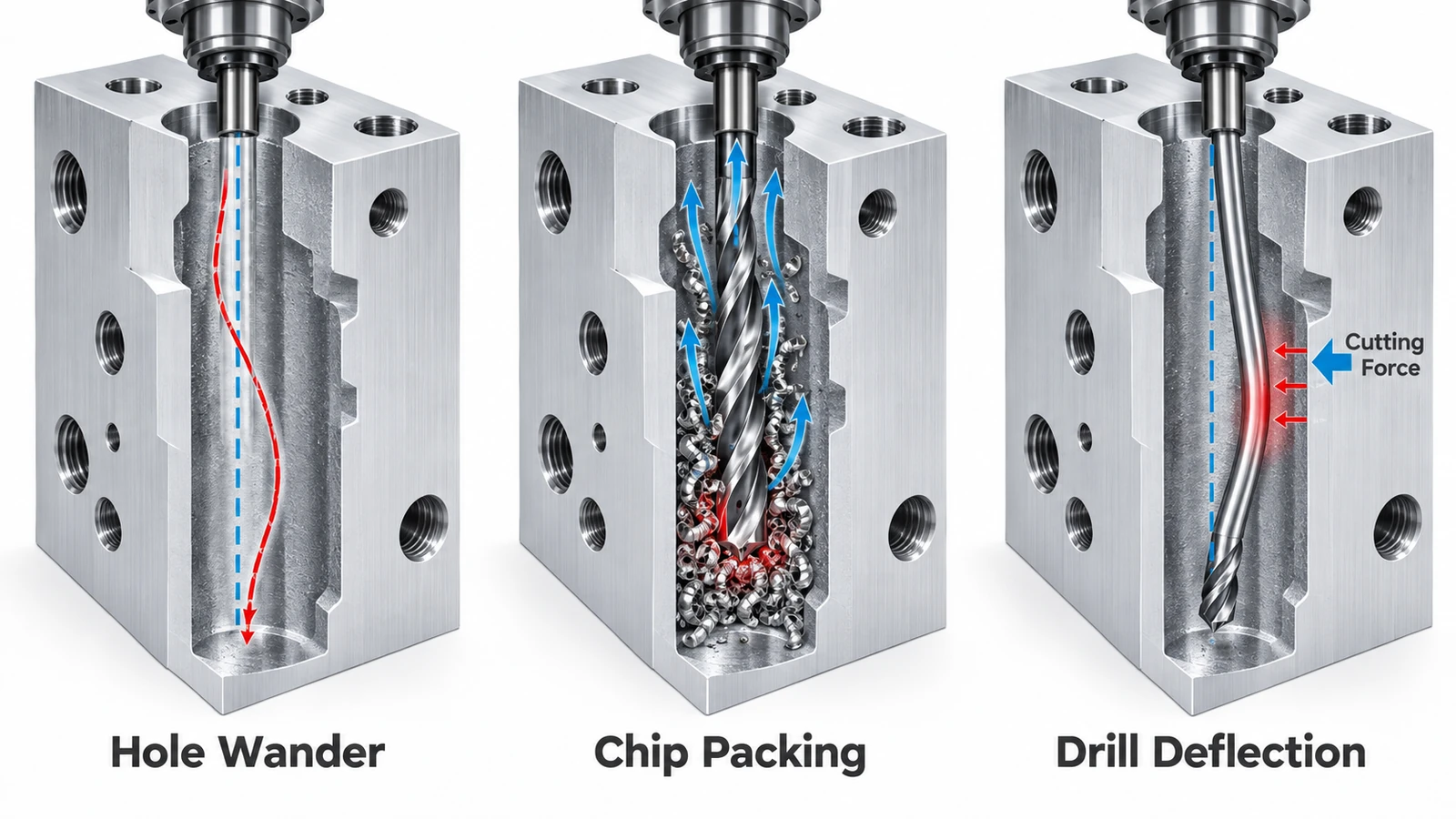 Common deep hole drilling problems including hole wander chip packing and drill deflection