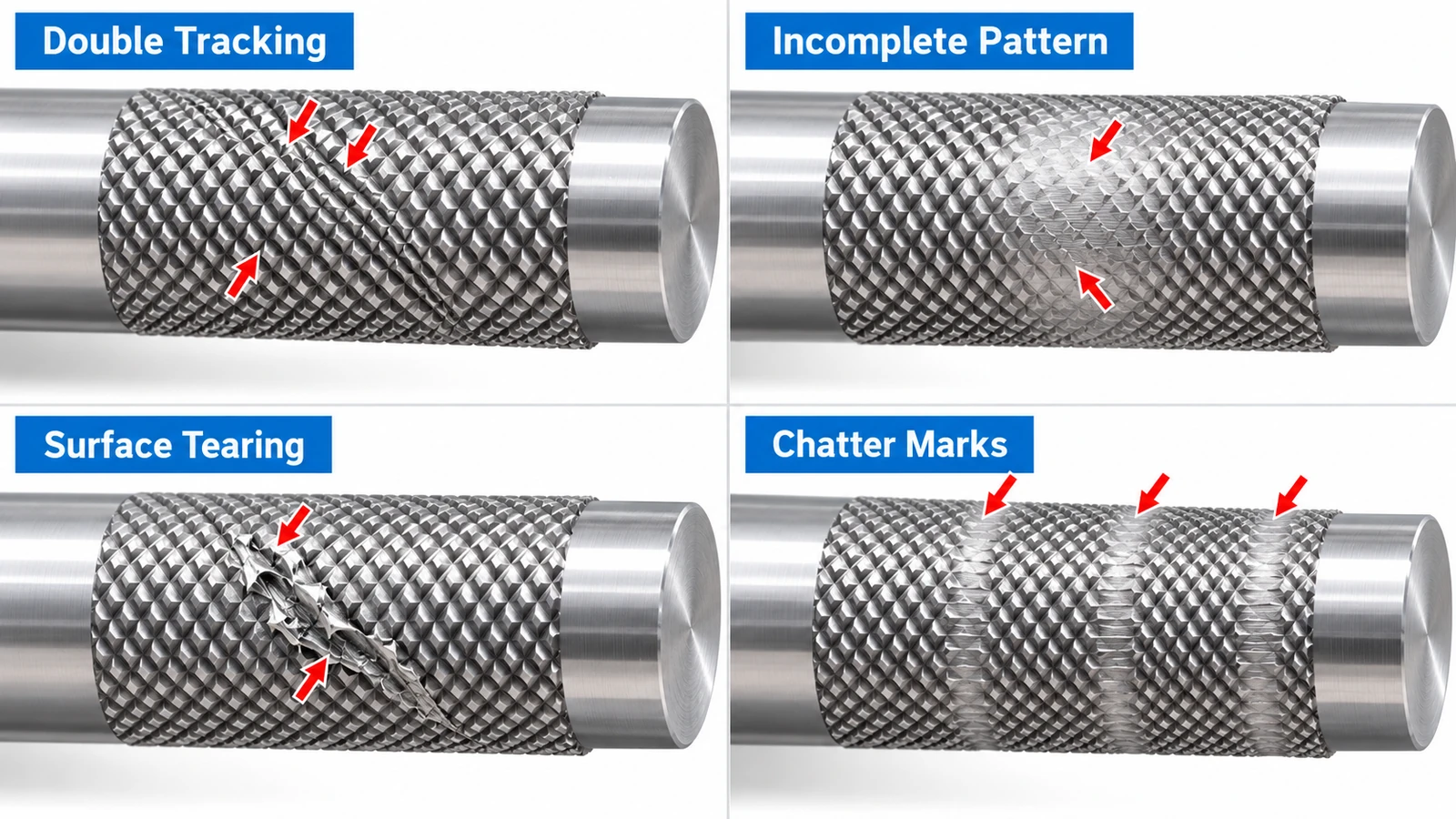 Common knurling defects showing double tracking incomplete patterns surface tearing and chatter marks