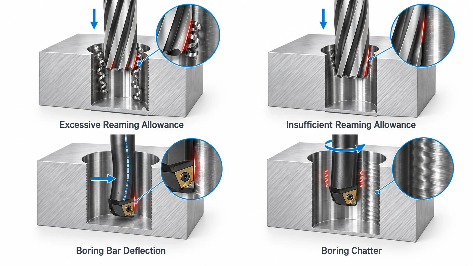 Common reaming and boring problems including incorrect stock allowance boring bar deflection and chatter