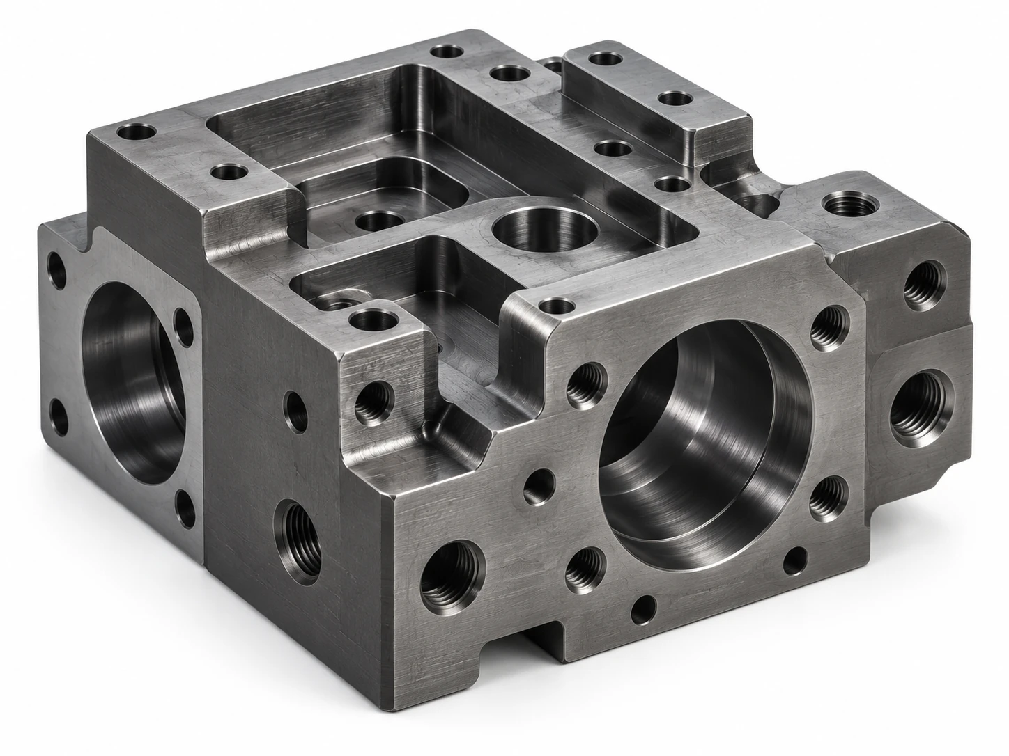 Complex CNC machined carbon steel mechanical component with precision bores, pockets and threaded holes