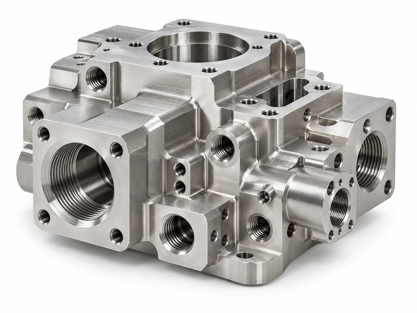 Complex CNC machined nickel alloy mechanical component with multiple threaded ports, bores and milled features
