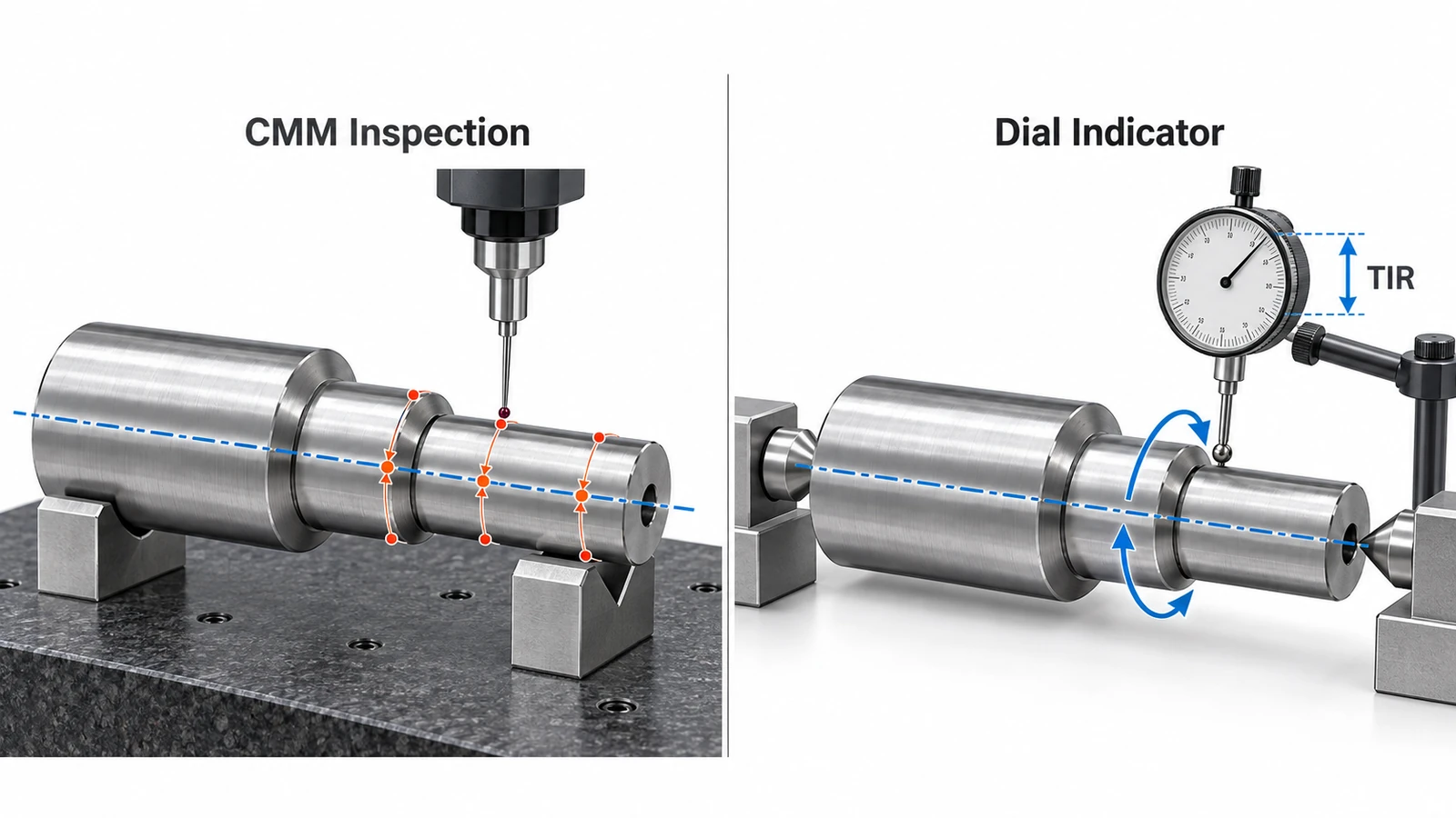 CMM inspection of derived median points compared with dial indicator runout measurement