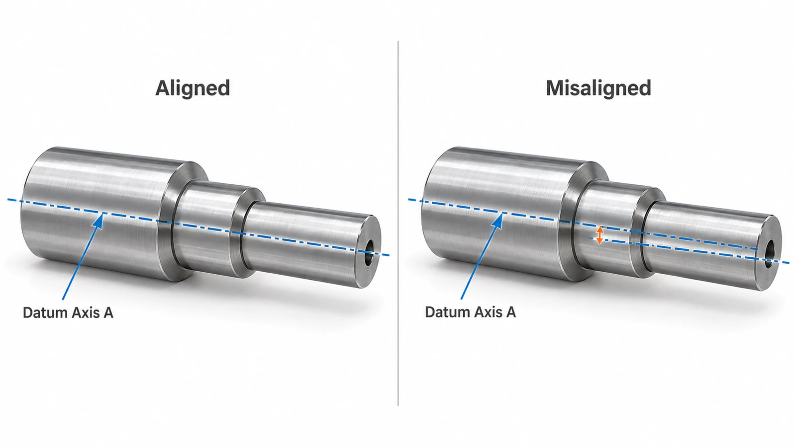 Comparison of aligned and misaligned axes on a precision stepped shaft