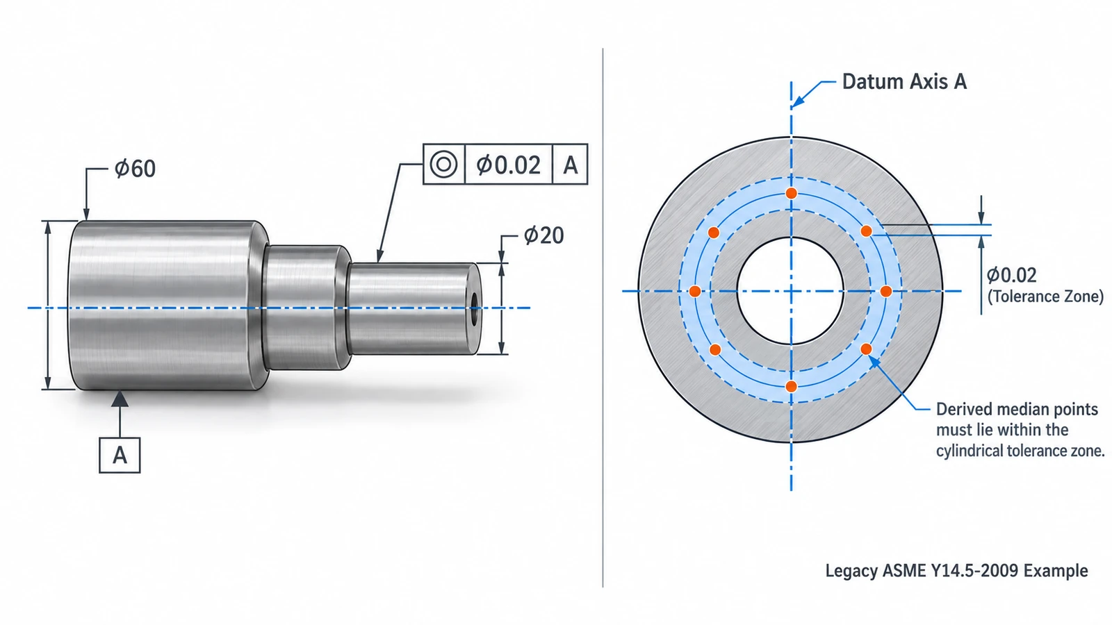 Legacy GD&T concentricity symbol with 0.02 mm cylindrical tolerance zone and datum A
