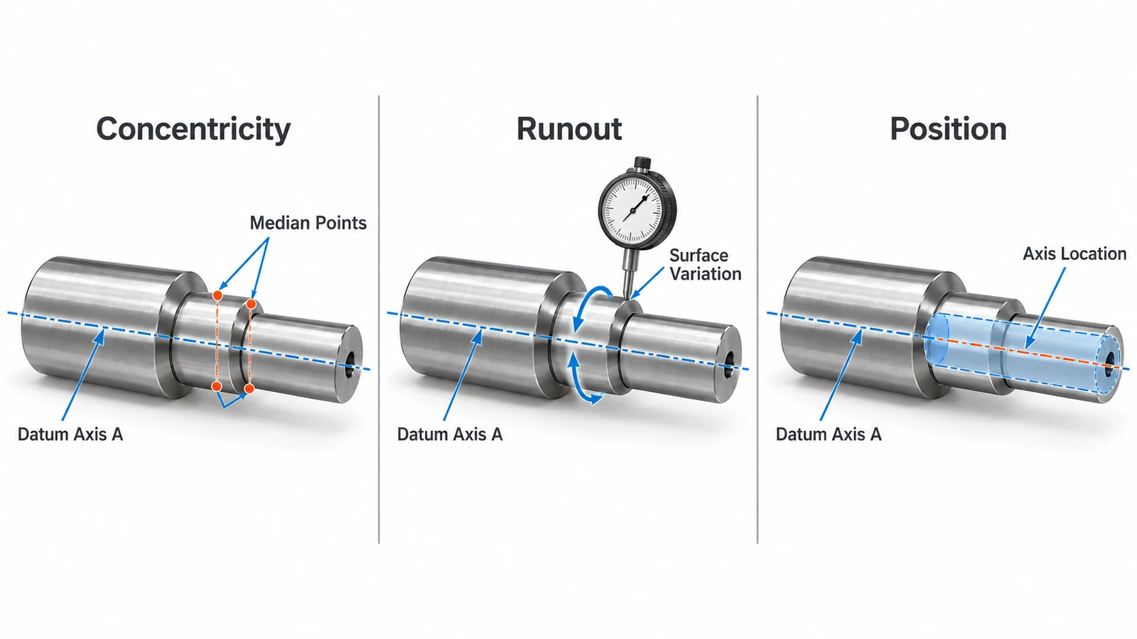 Engineering comparison of concentricity, circular runout, and position controls on a stepped shaft