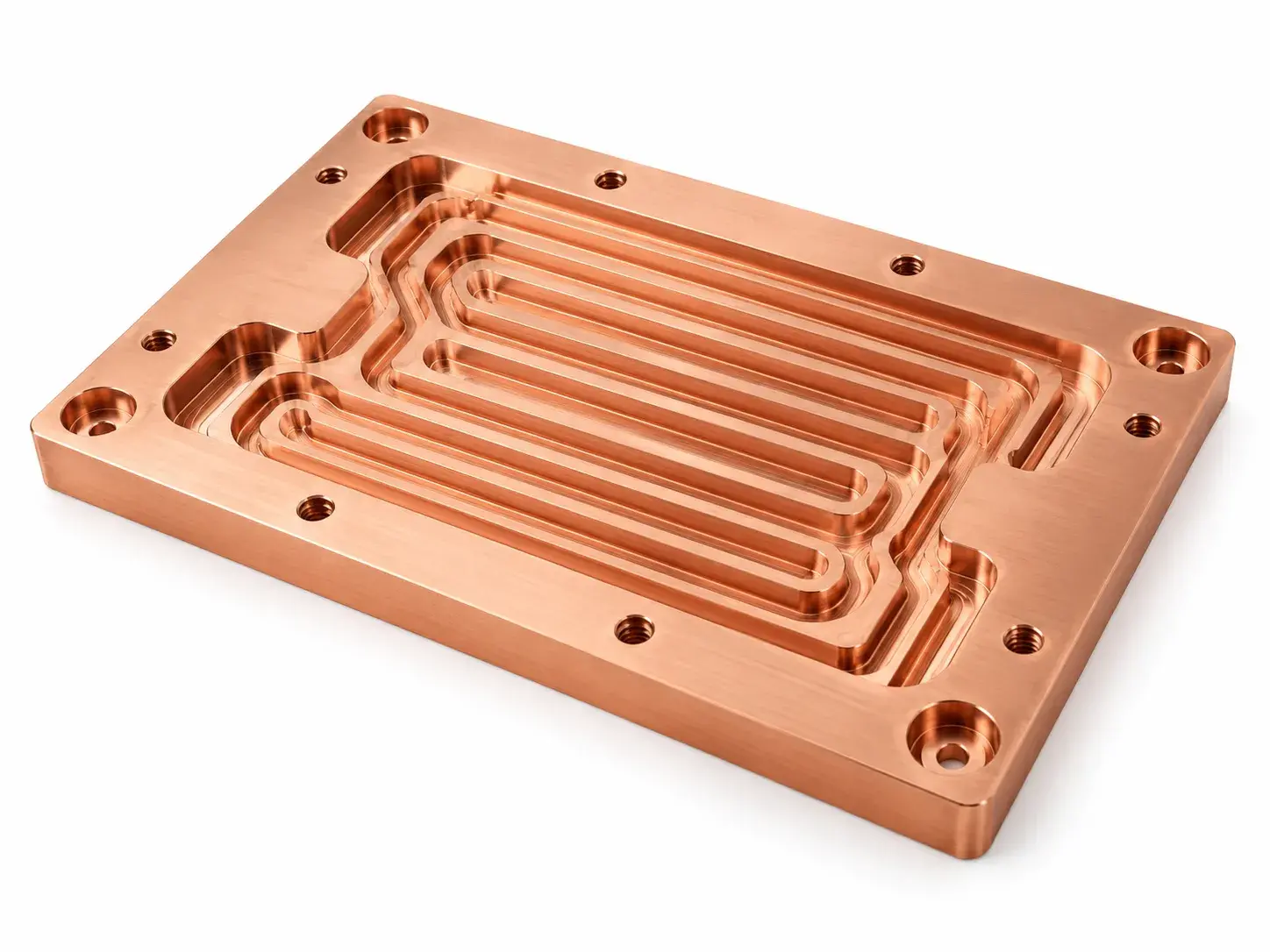 CNC milled copper cooling plate with machined channels and mounting holes