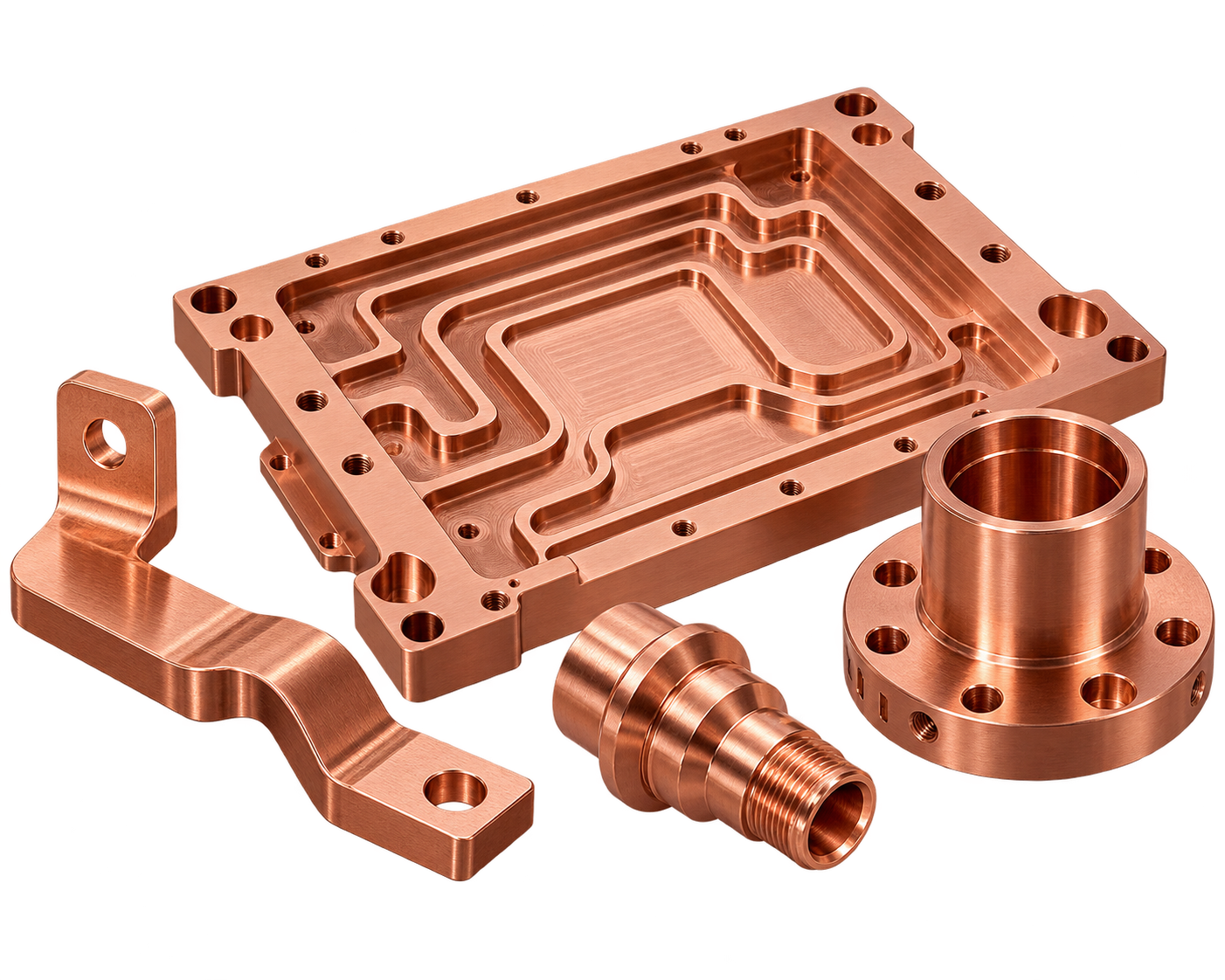 Custom CNC machined copper parts including electrical connectors, cooling plates and precision components