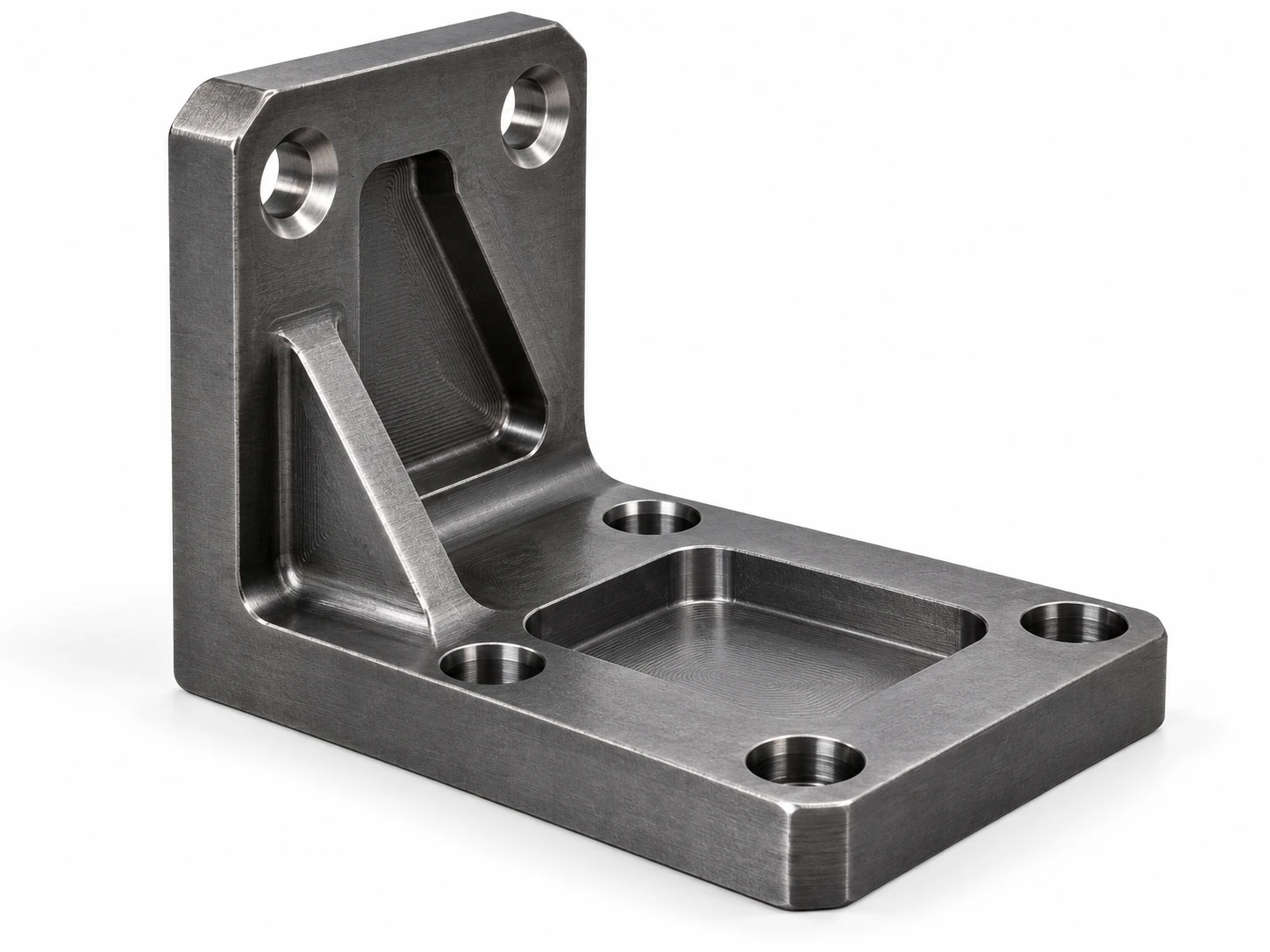 Custom CNC machined carbon steel bracket with mounting holes and milled pockets