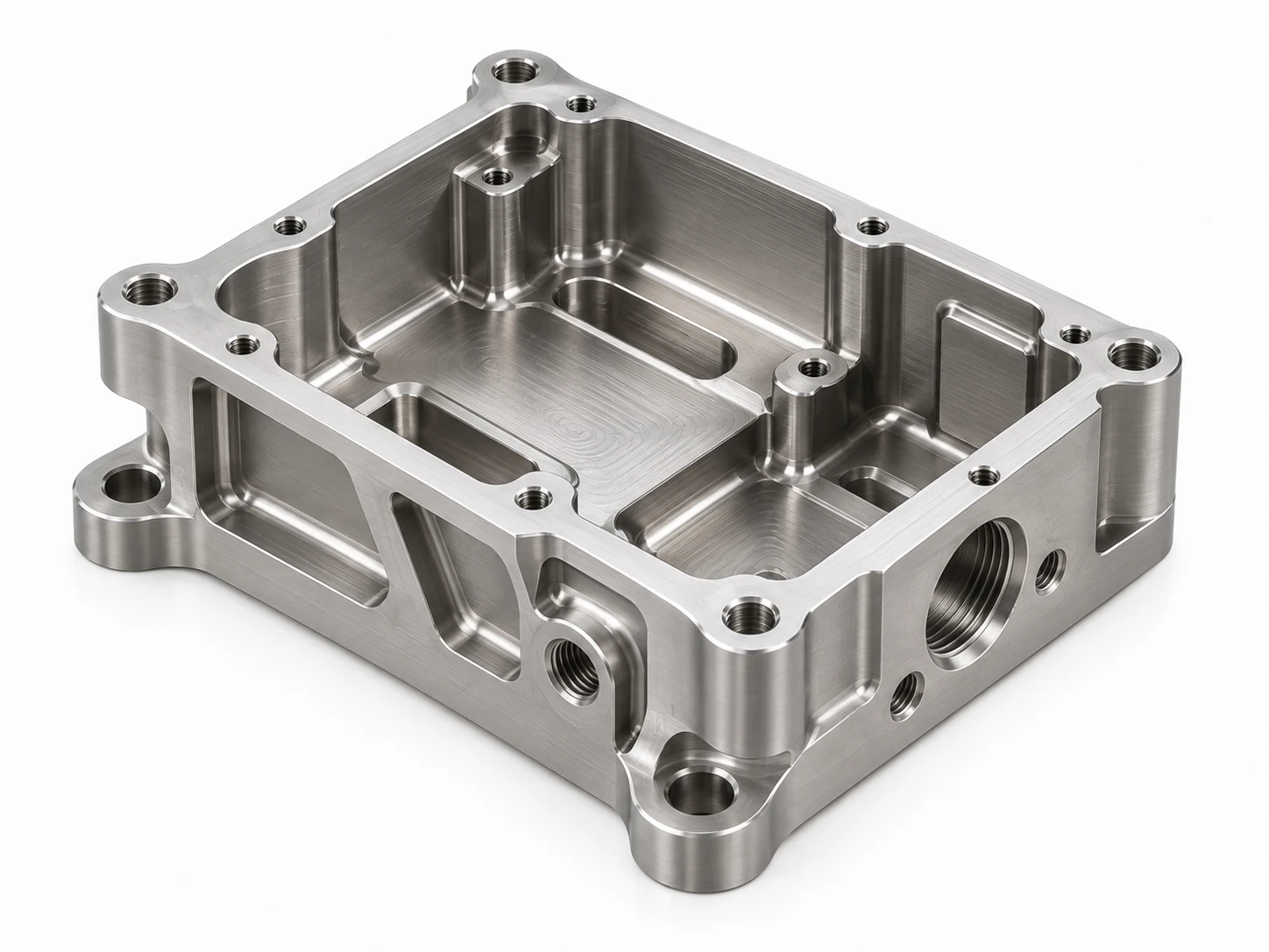 Custom CNC machined titanium housing with internal cavities and threaded holes