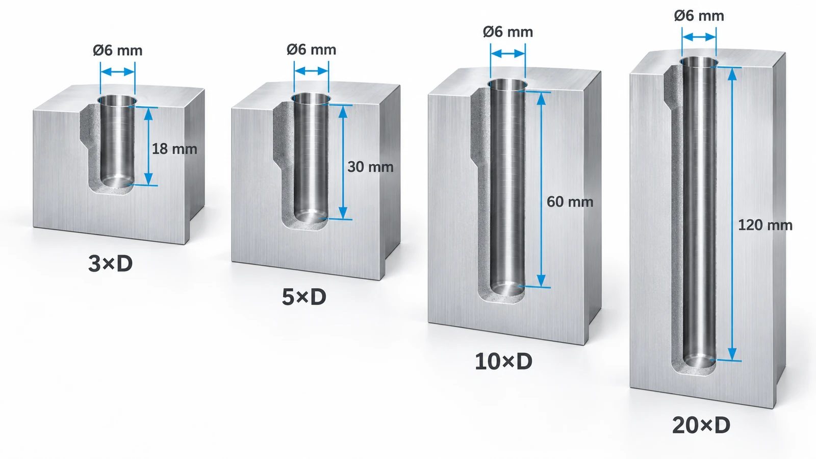 Deep hole drilling depth to diameter ratio comparison showing 3D 5D 10D and 20D holes