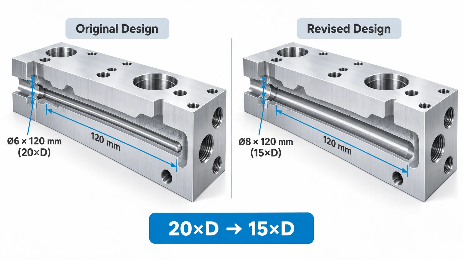 Deep hole drilling DFM comparison of 6 mm by 120 mm and 8 mm by 120 mm blind holes