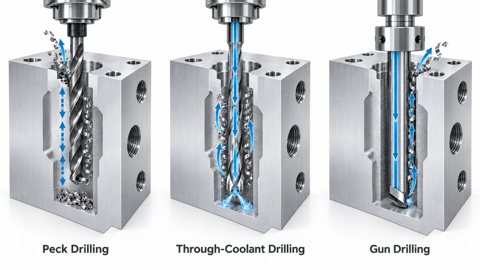 Comparison of peck drilling through coolant drilling and gun drilling methods with chip evacuation