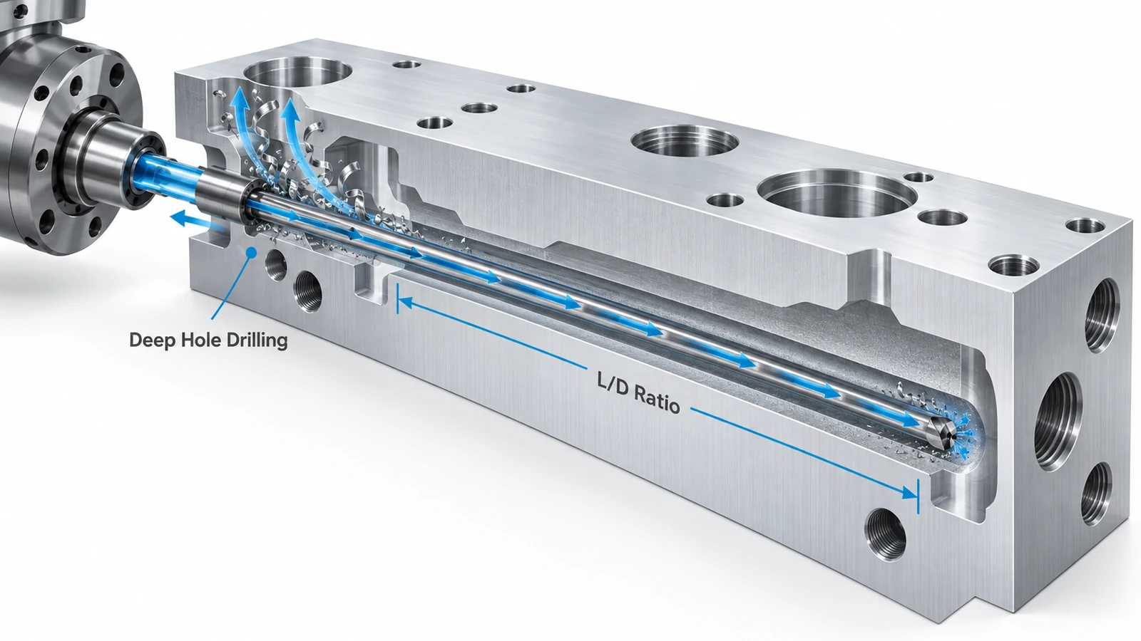 Deep hole drilling process showing a long drill machining a deep hole in a CNC aluminum component