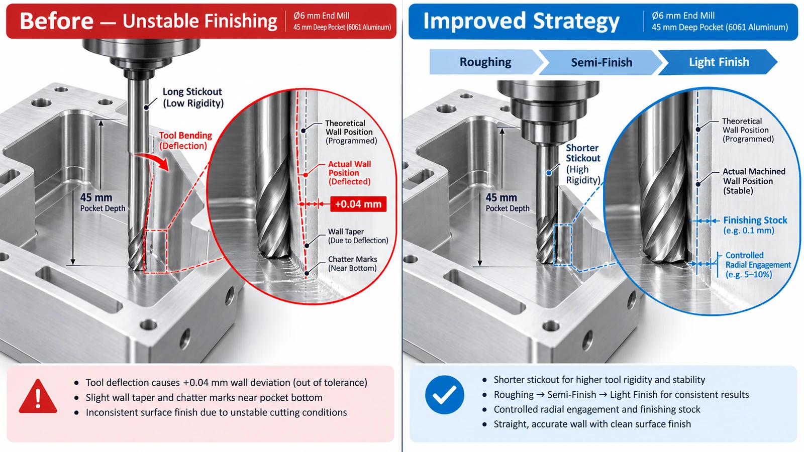 Deep pocket CNC milling example showing tool deflection and finishing strategy for an aluminum housing