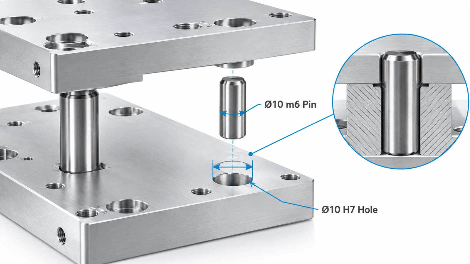 Dowel pin hole tolerances showing precision steel locating pins fitted into CNC machined aluminum plates