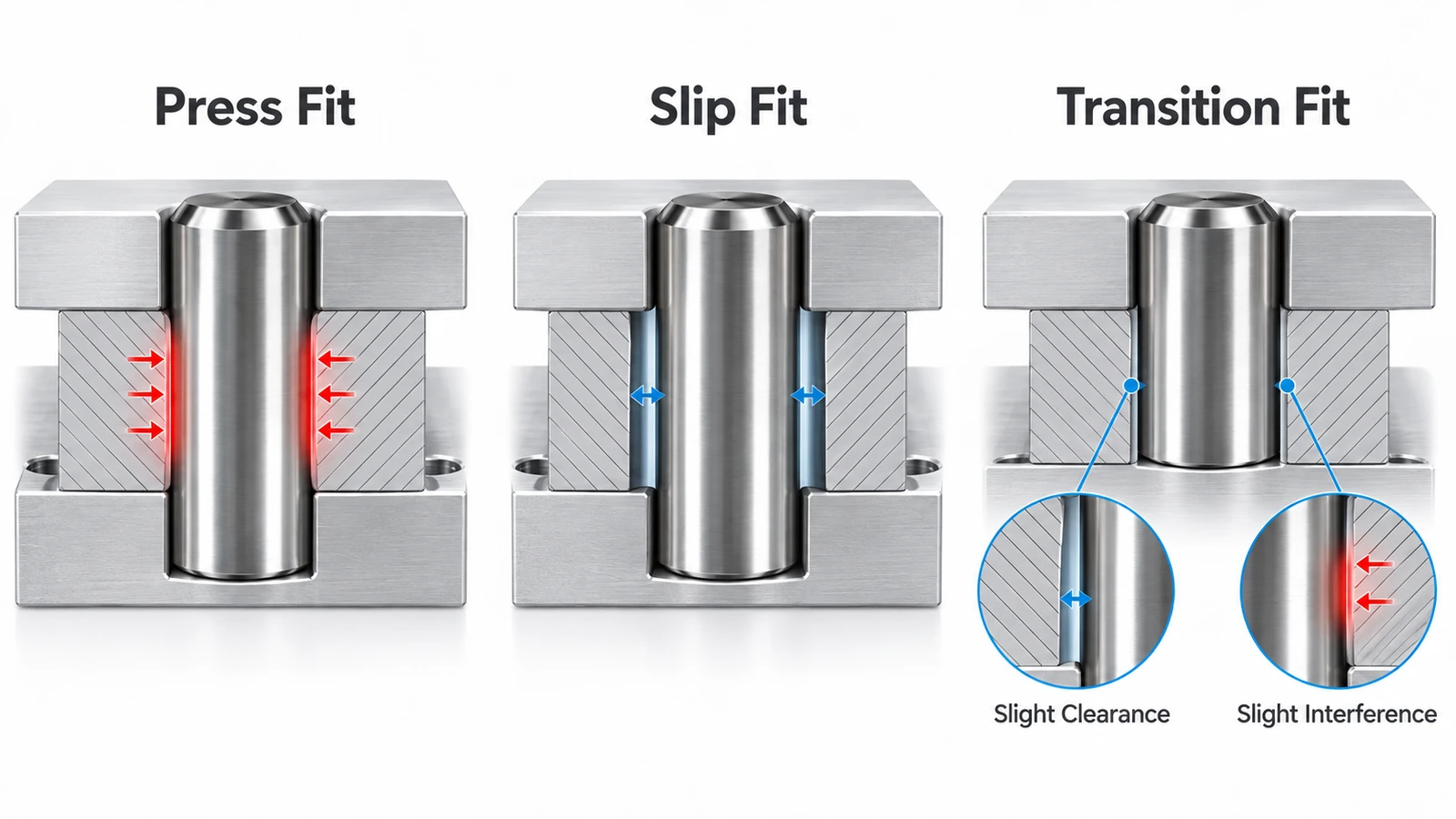 Press fit slip fit and transition fit comparison for precision dowel pins and mating holes