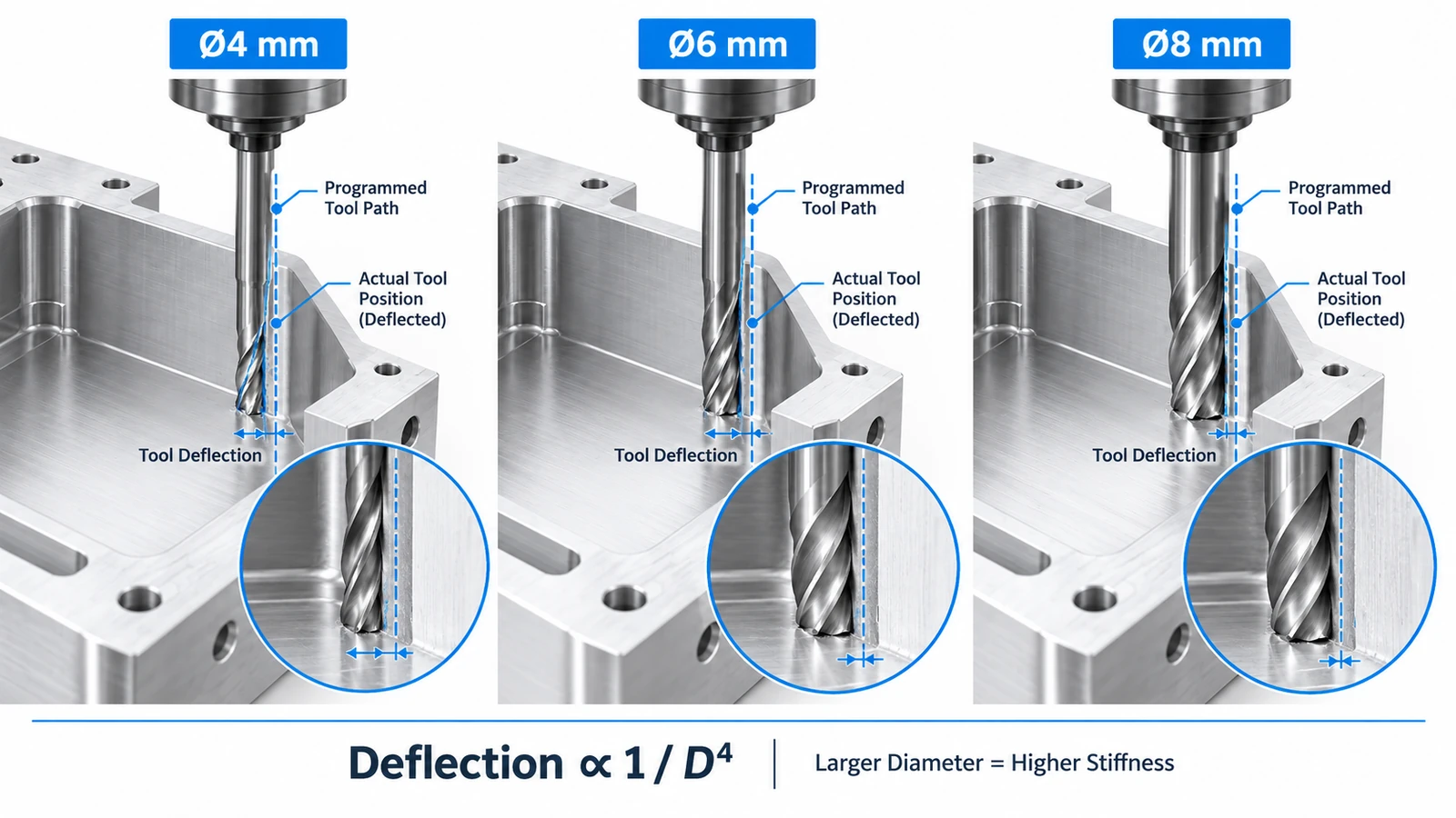 End mill diameter comparison showing how larger CNC cutters reduce tool deflection