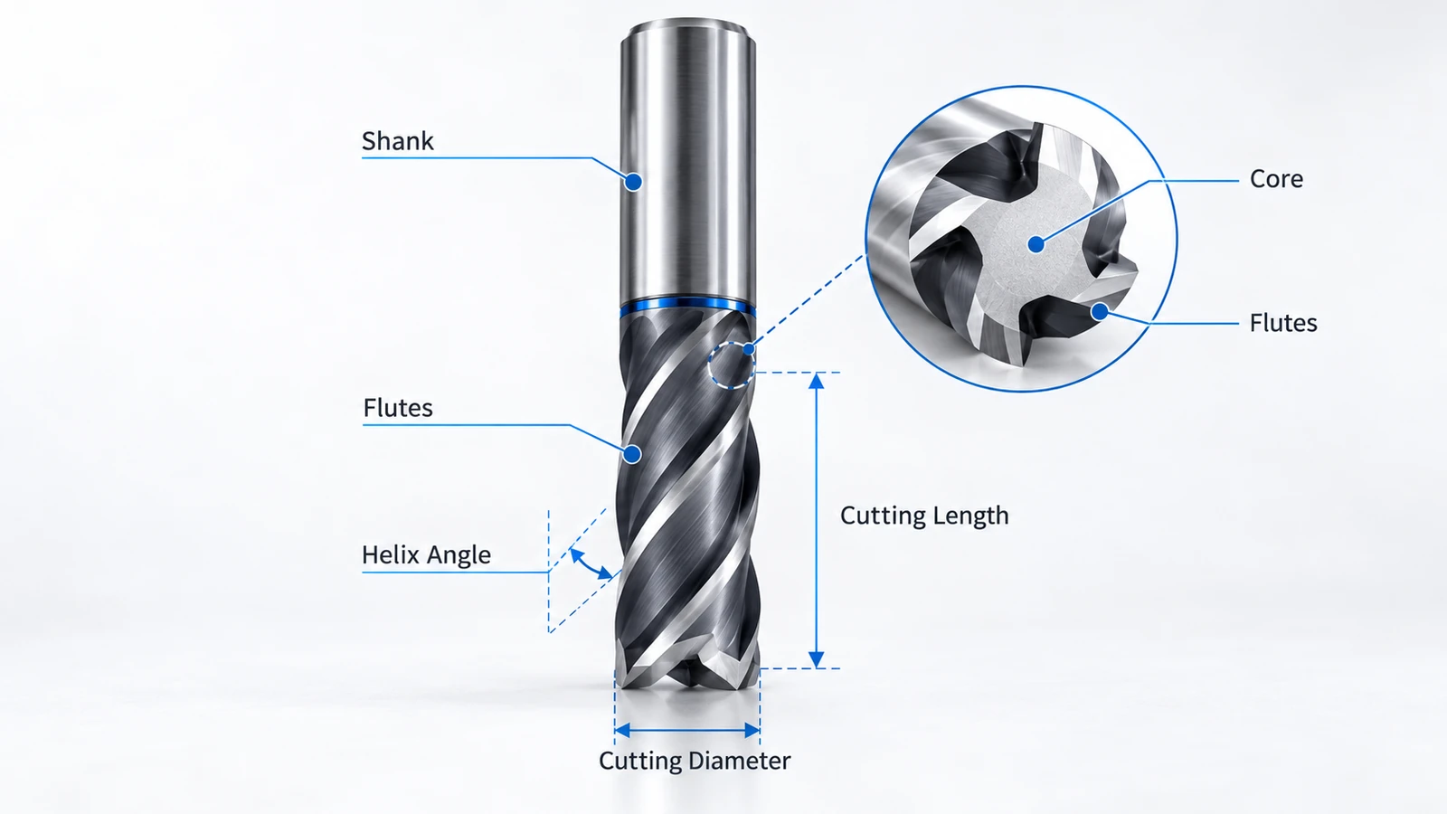 End mill anatomy diagram showing shank, flutes, cutting diameter, helix angle, core, and cutting length
