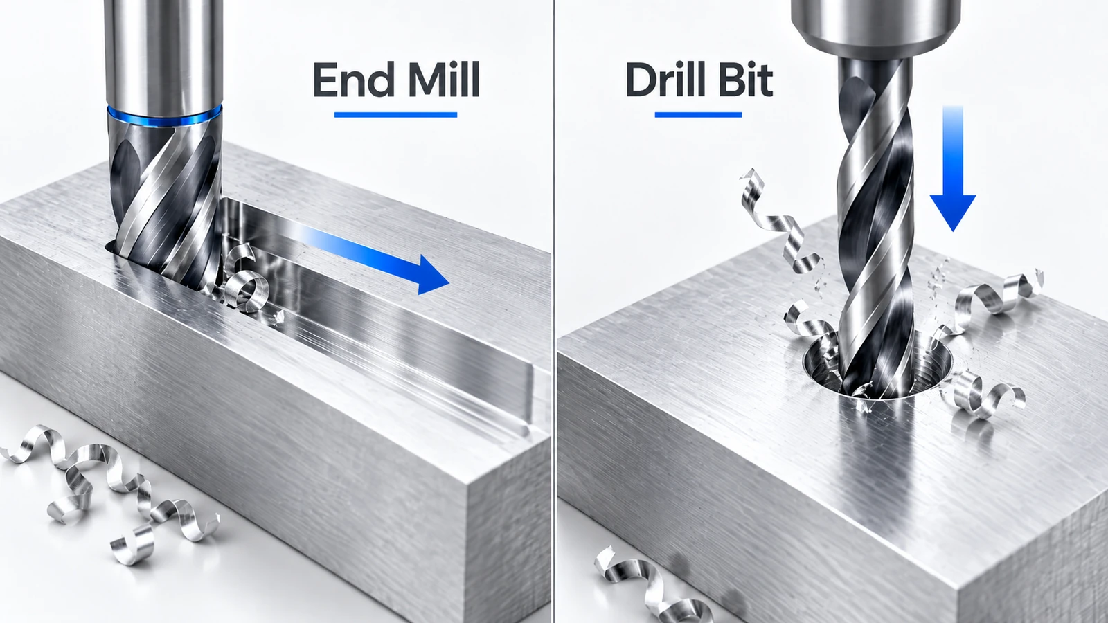 End mill vs drill bit comparison showing lateral milling of a slot and axial drilling of a hole