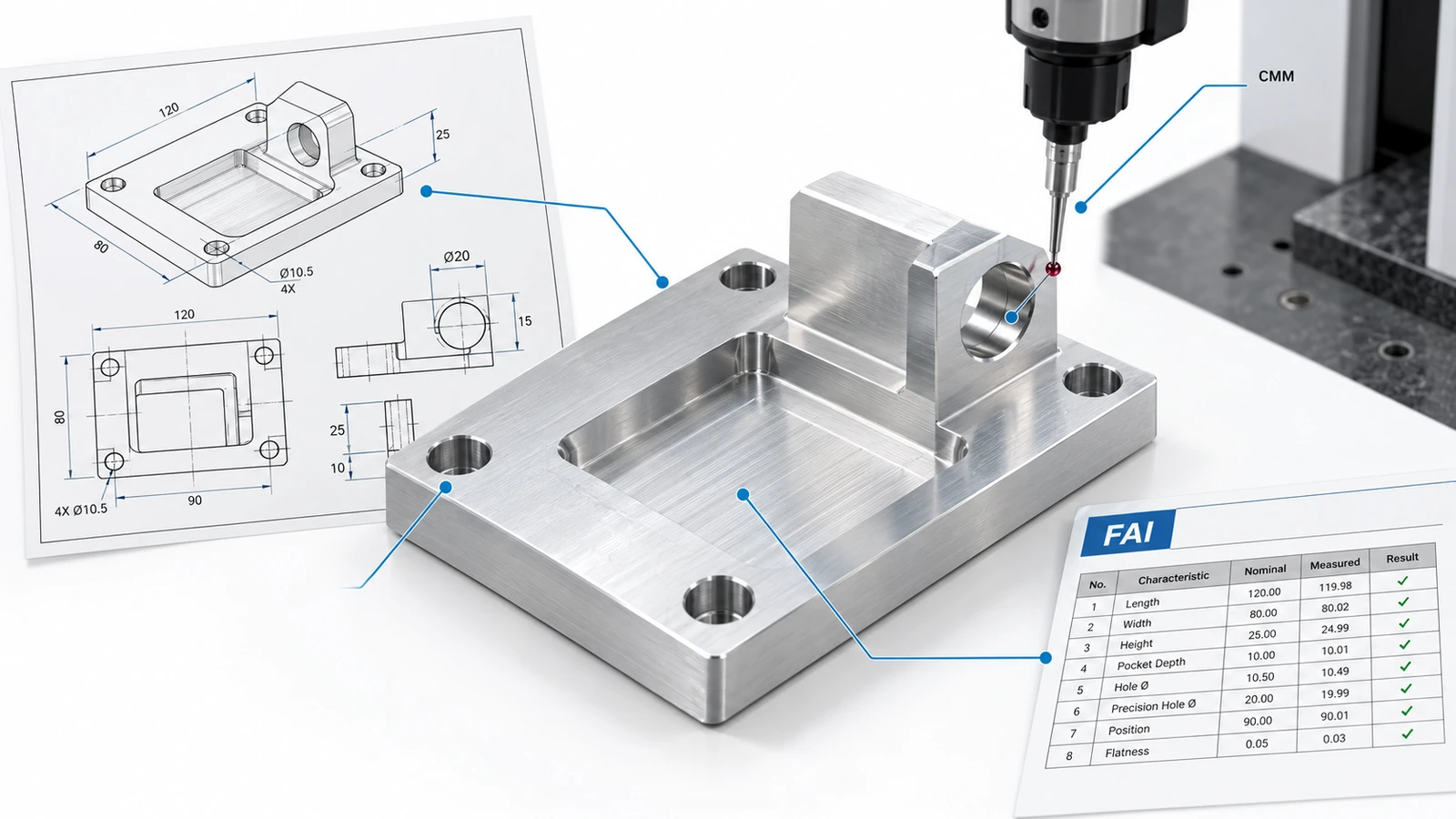 First article inspection of a CNC machined aluminum bracket using a CMM and engineering drawing