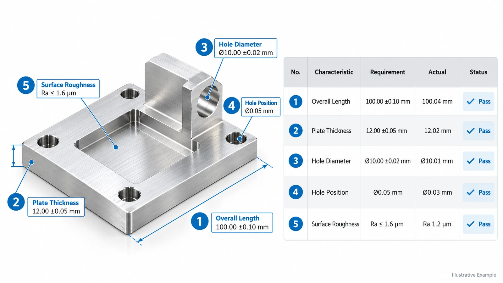 Example CNC first article inspection report showing drawing requirements and measured results for an aluminum bracket