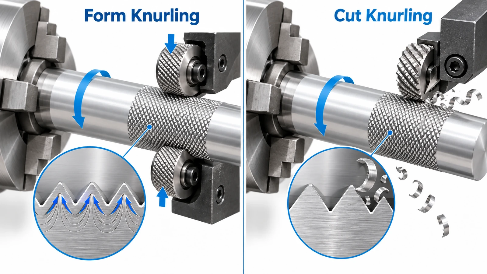 Form knurling versus cut knurling showing metal deformation and material removal on aluminum parts