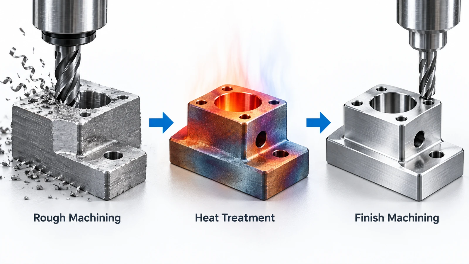 Precision steel component undergoing rough machining, heat treatment, and finish machining