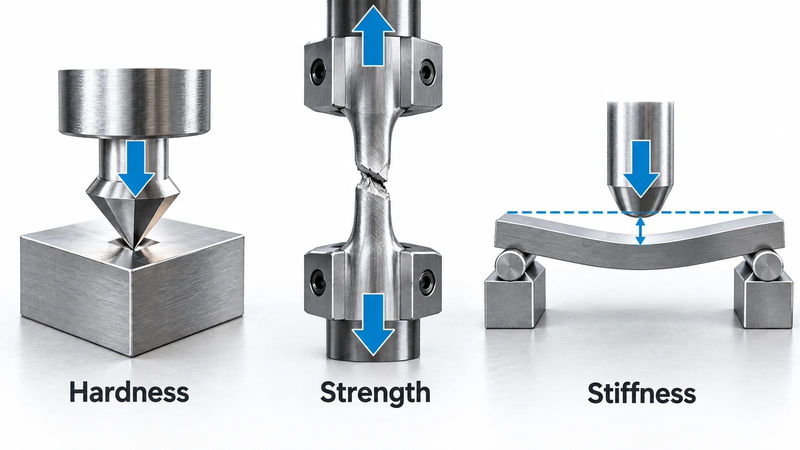 Engineering comparison of material hardness, strength, and stiffness