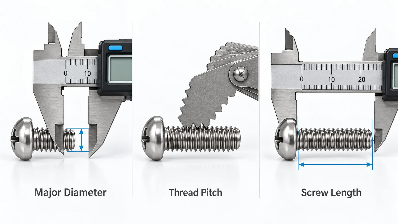 How to measure machine screw major diameter, thread pitch, and length using calipers and a thread pitch gauge