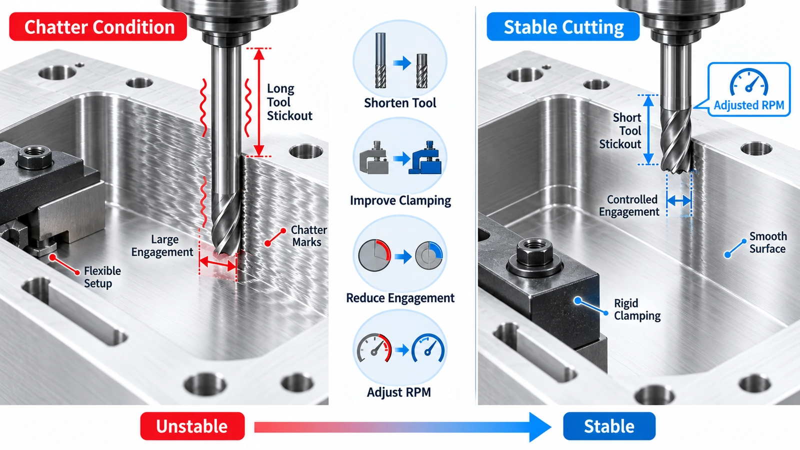 CNC chatter troubleshooting showing shorter tool stickout rigid workholding adjusted spindle speed and controlled engagement