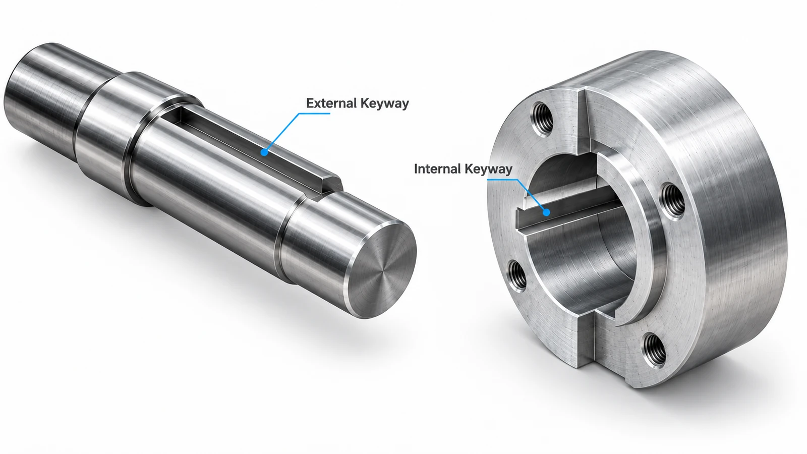 Internal vs external keyway cutting comparison showing a shaft keyseat and an internal hub keyway