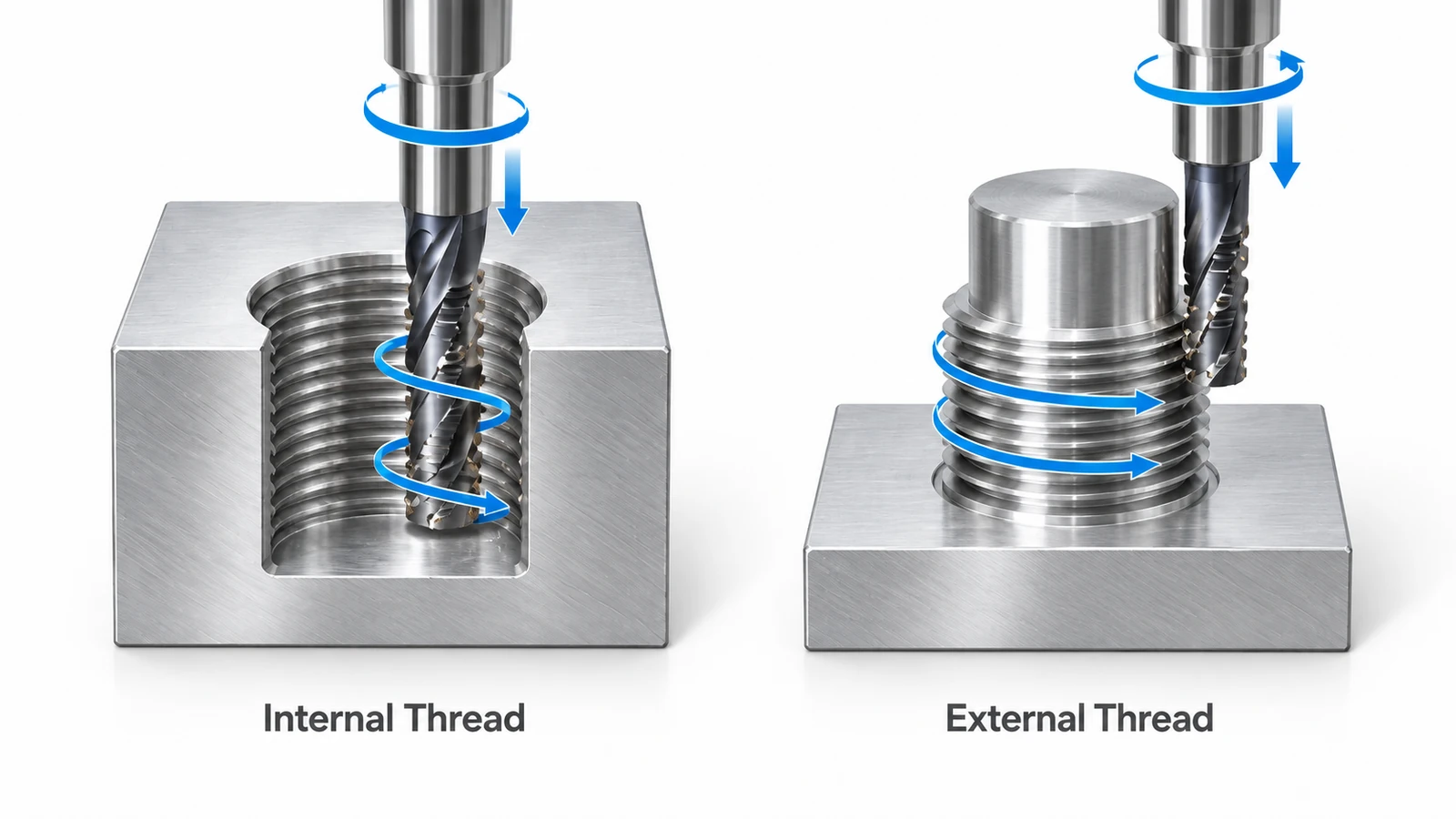 Comparison of internal and external thread milling processes on CNC machined metal components