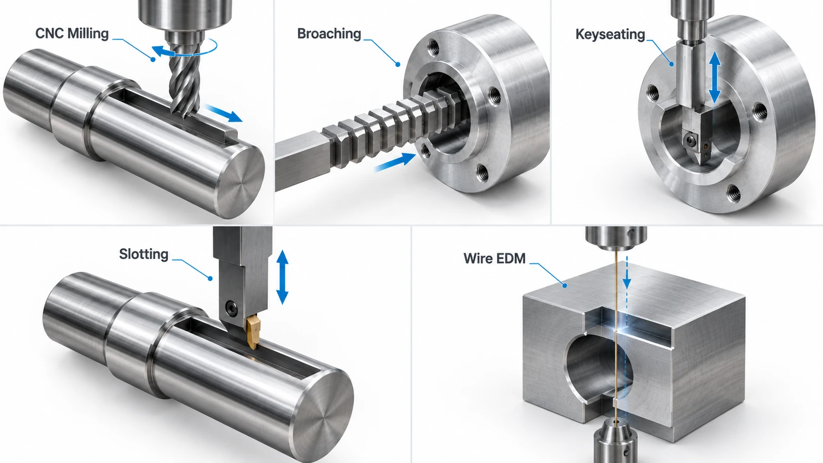 Five keyway cutting methods compared including CNC milling, broaching, keyseating, slotting, and wire EDM