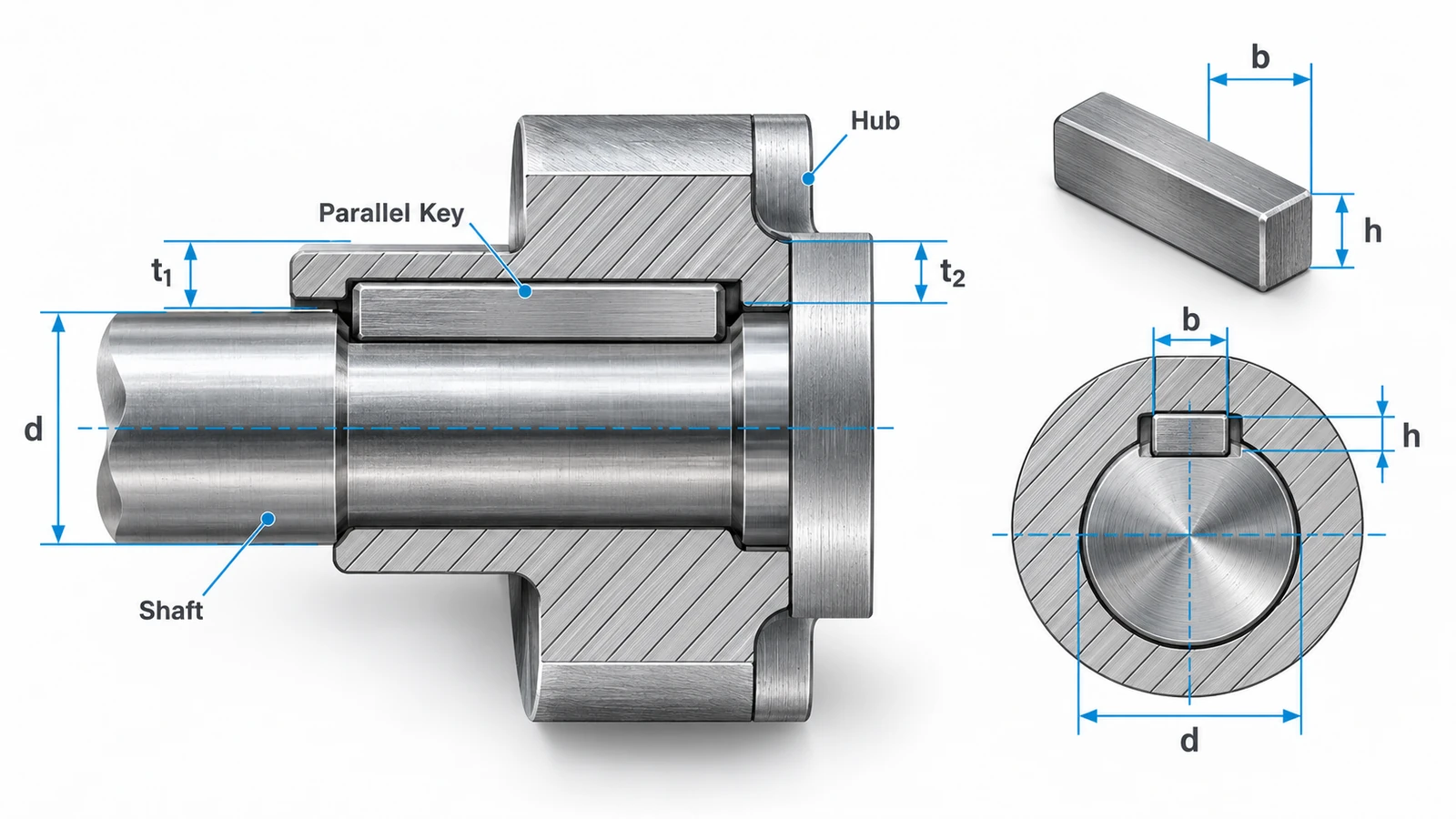 Parallel keyway dimensions diagram showing key width, height, shaft diameter, and shaft and hub keyway depths