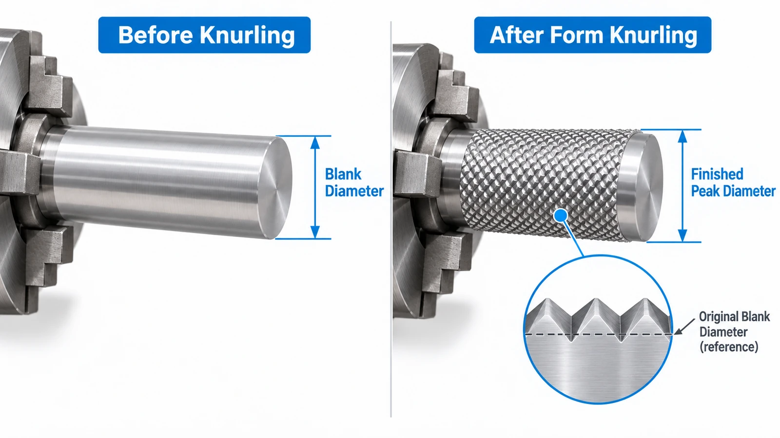 Form knurling diameter change showing a smooth aluminum blank and the finished raised knurl peaks