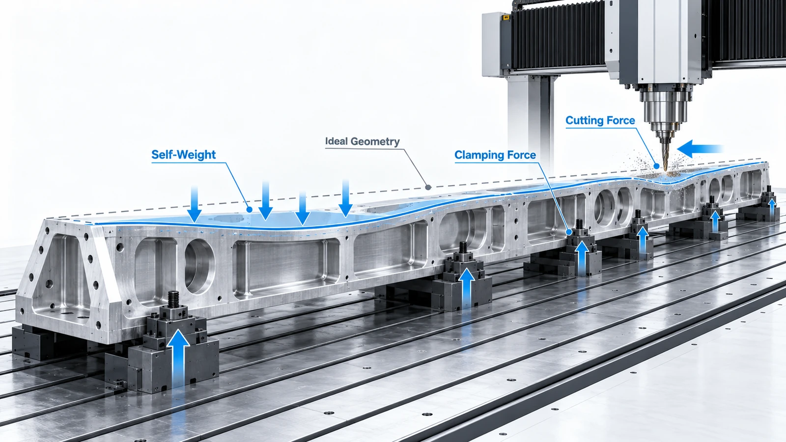 Large part machining deflection caused by workpiece weight, clamping and cutting forces