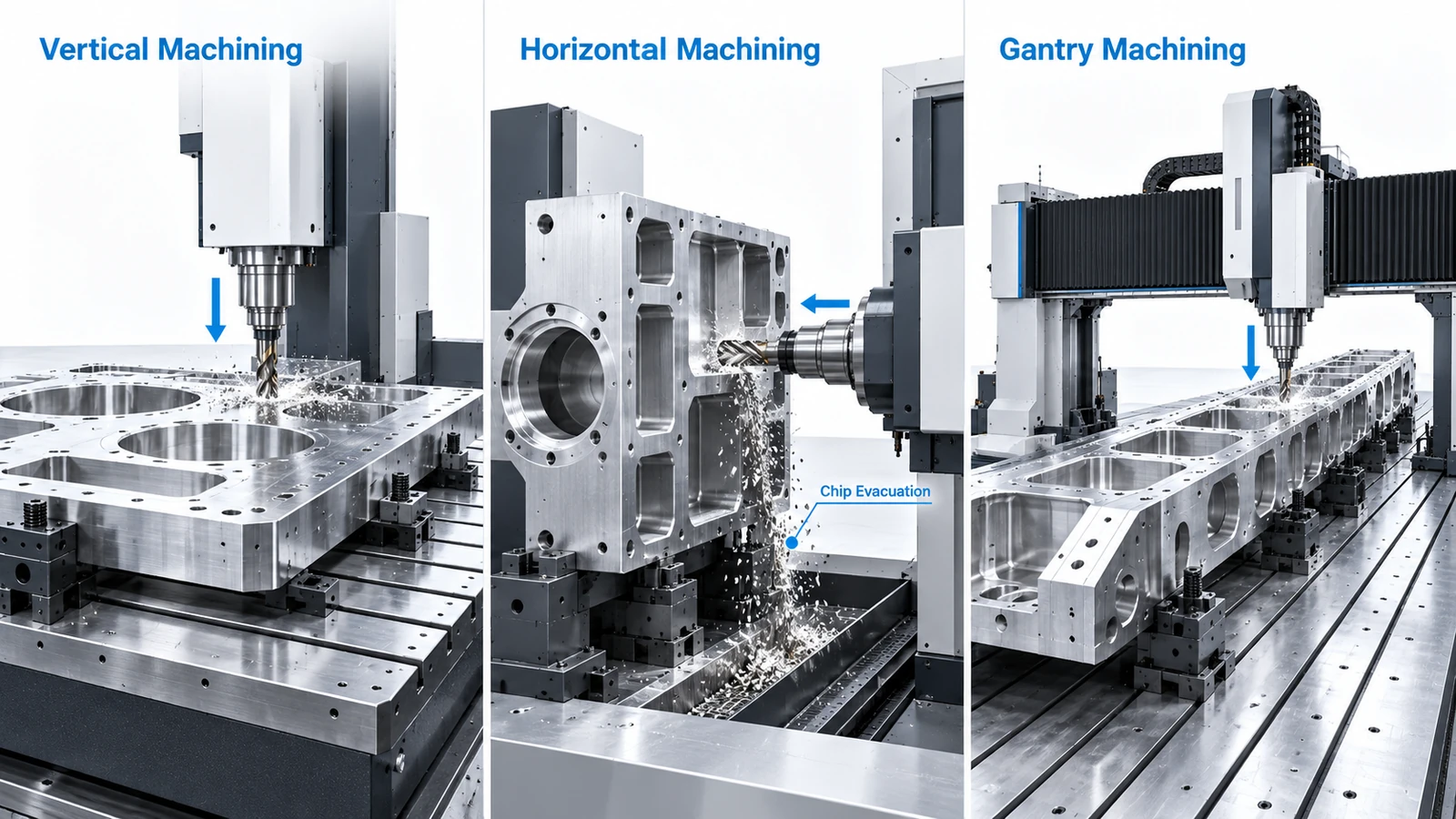Comparison of vertical, horizontal and gantry CNC machining processes for large parts