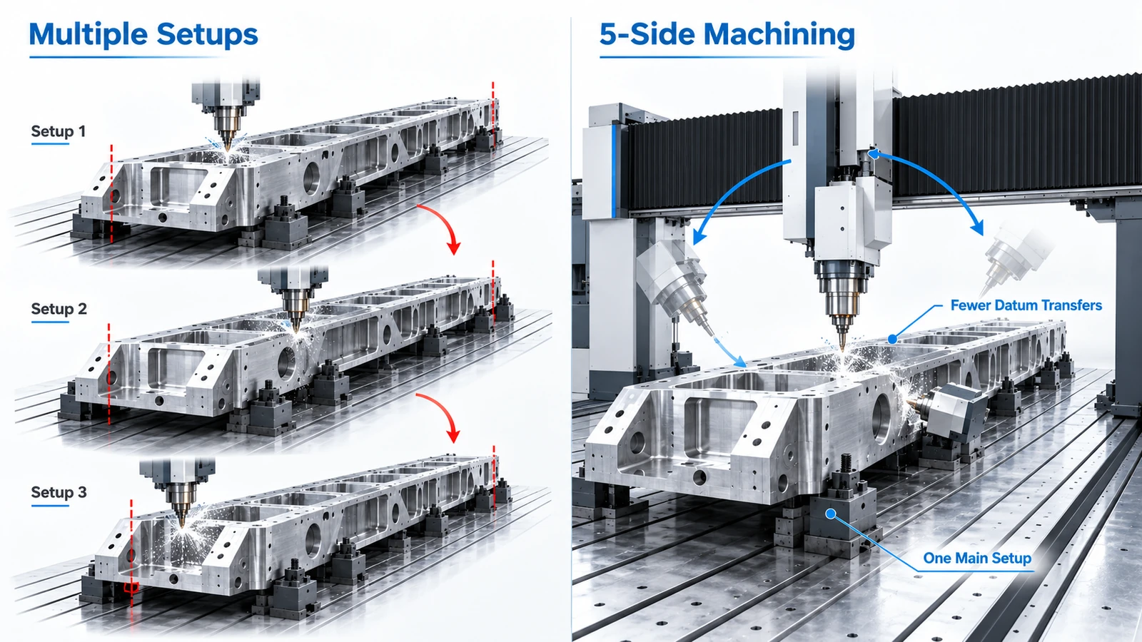 Large CNC part workholding and dimensional inspection using multiple supports and probing