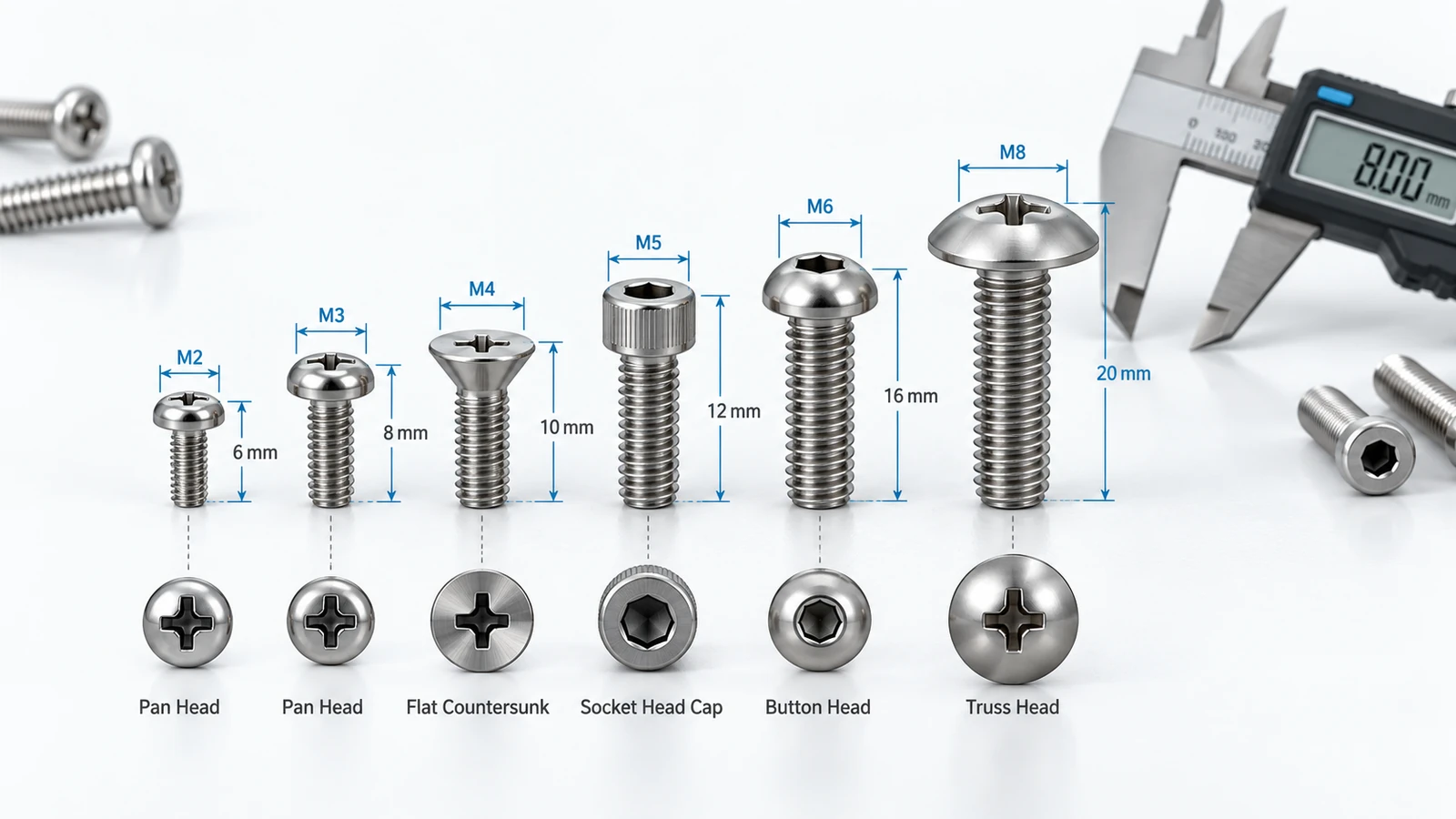 Machine screw size chart showing metric screw sizes, lengths, and different head types