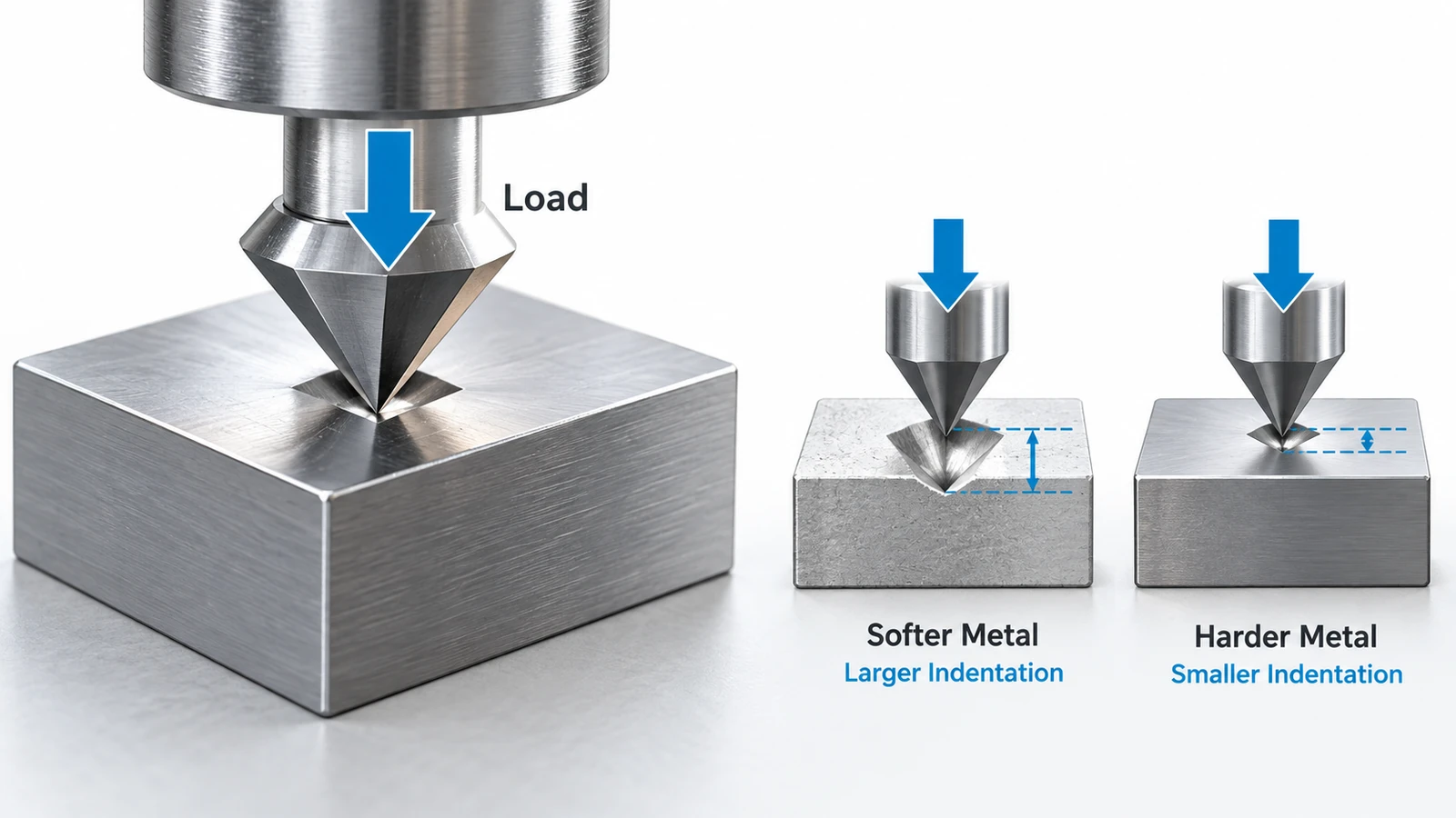 Metal hardness illustration comparing indentation depth in softer and harder metals