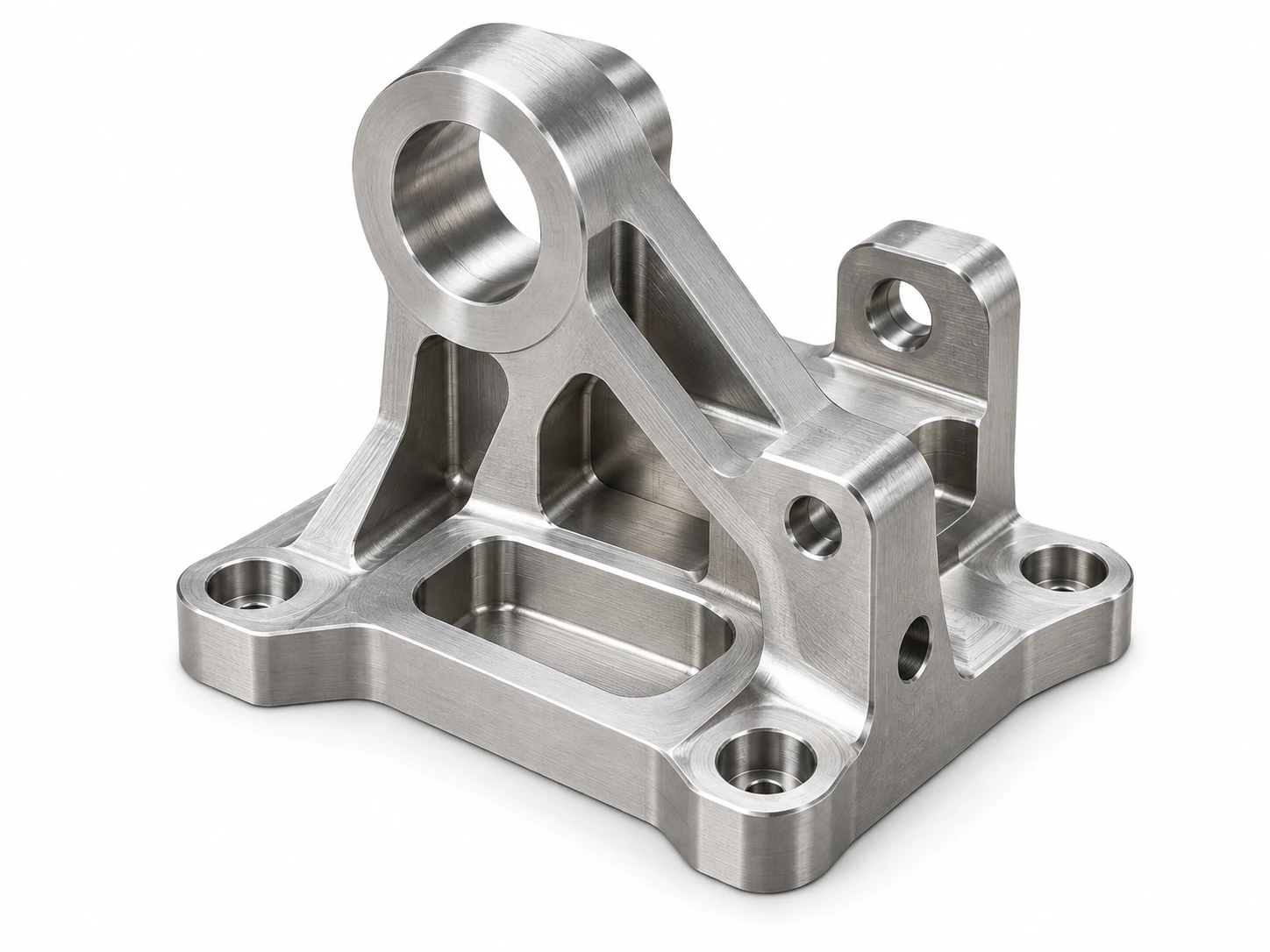 Custom CNC milled nickel alloy mounting bracket with precision holes, pockets and support ribs