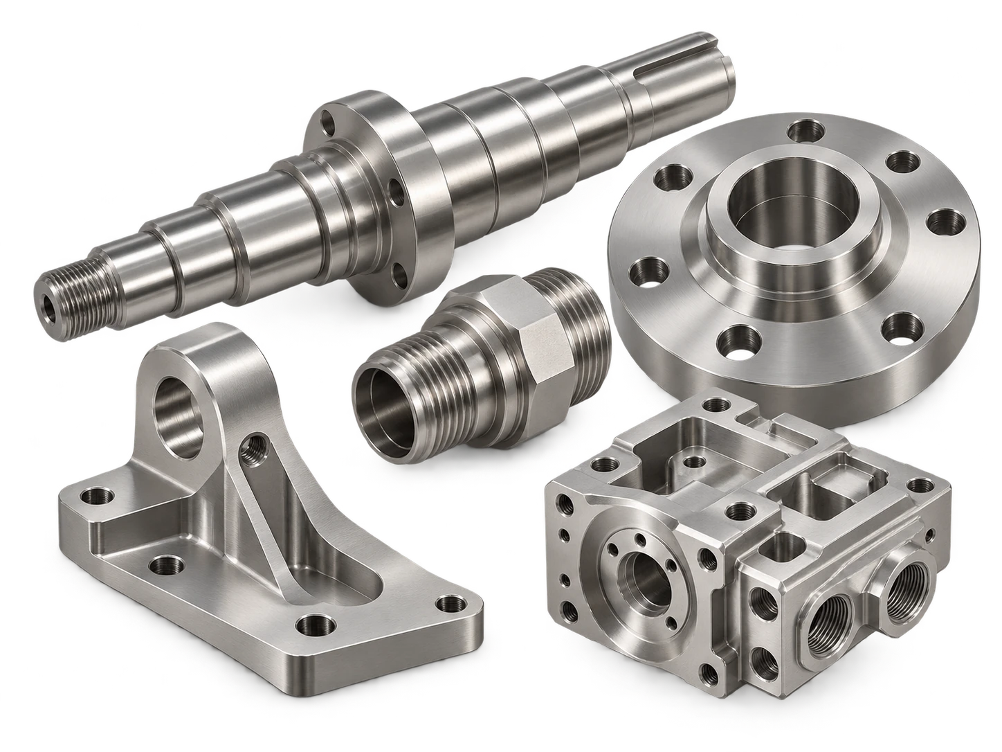 Custom CNC machined nickel alloy parts including precision shafts, flanges and fittings