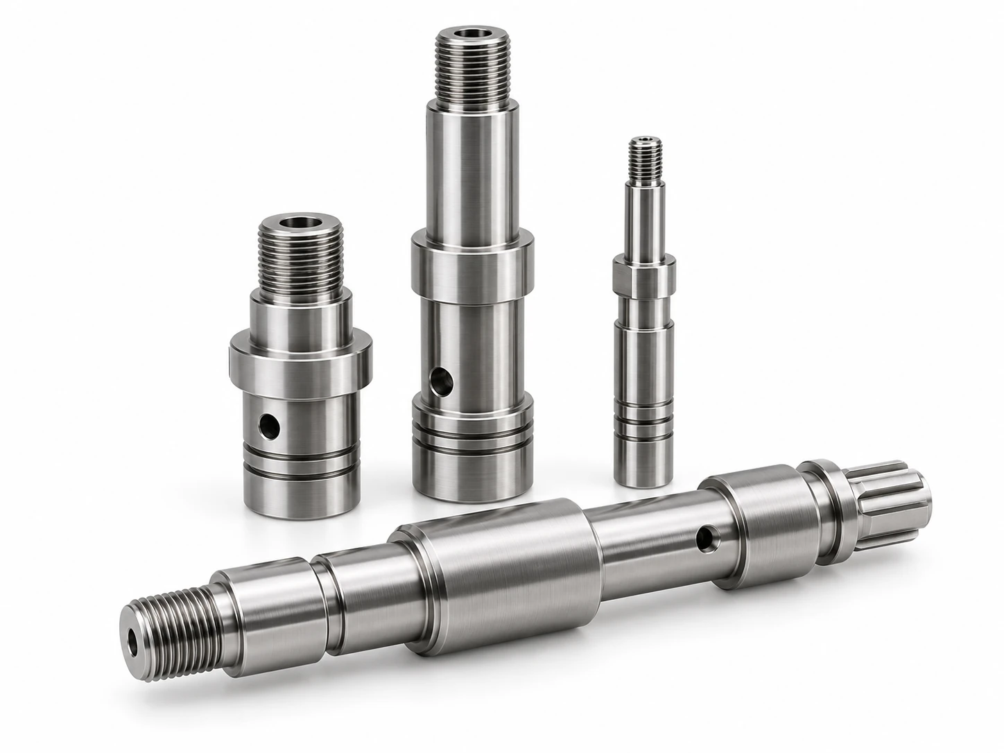 Precision CNC machined nickel alloy shafts and pins with stepped diameters, grooves and threaded ends
